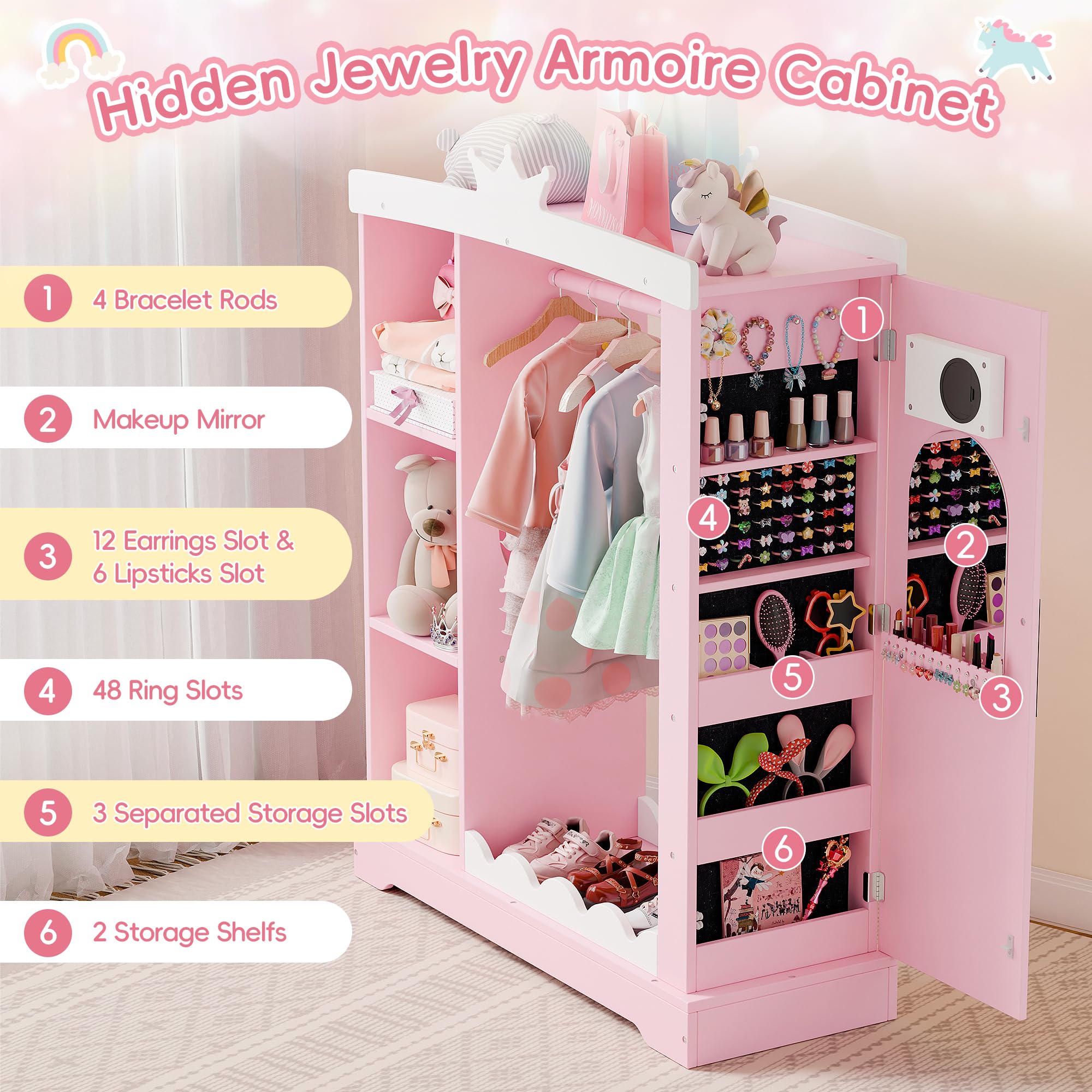 Xilingol Kids Armoire with Jewelry Cabinet & Mirror - Princess Dress Up Storage Wardrobe with Shelves - Pink Costume Organizer for Girls Bedroom & Playroom - Perfect for Birthday Gifts & Pretend Play