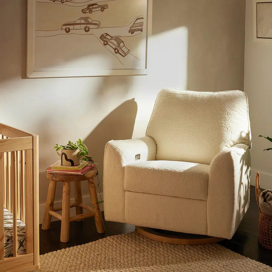 Babyletto Sunday Electronic Glider & Recliner Chair - Luxe Chantilly Fleece Upholstery with Light Wood Base | Nursery Glider for Breastfeeding & Baby Room Decor