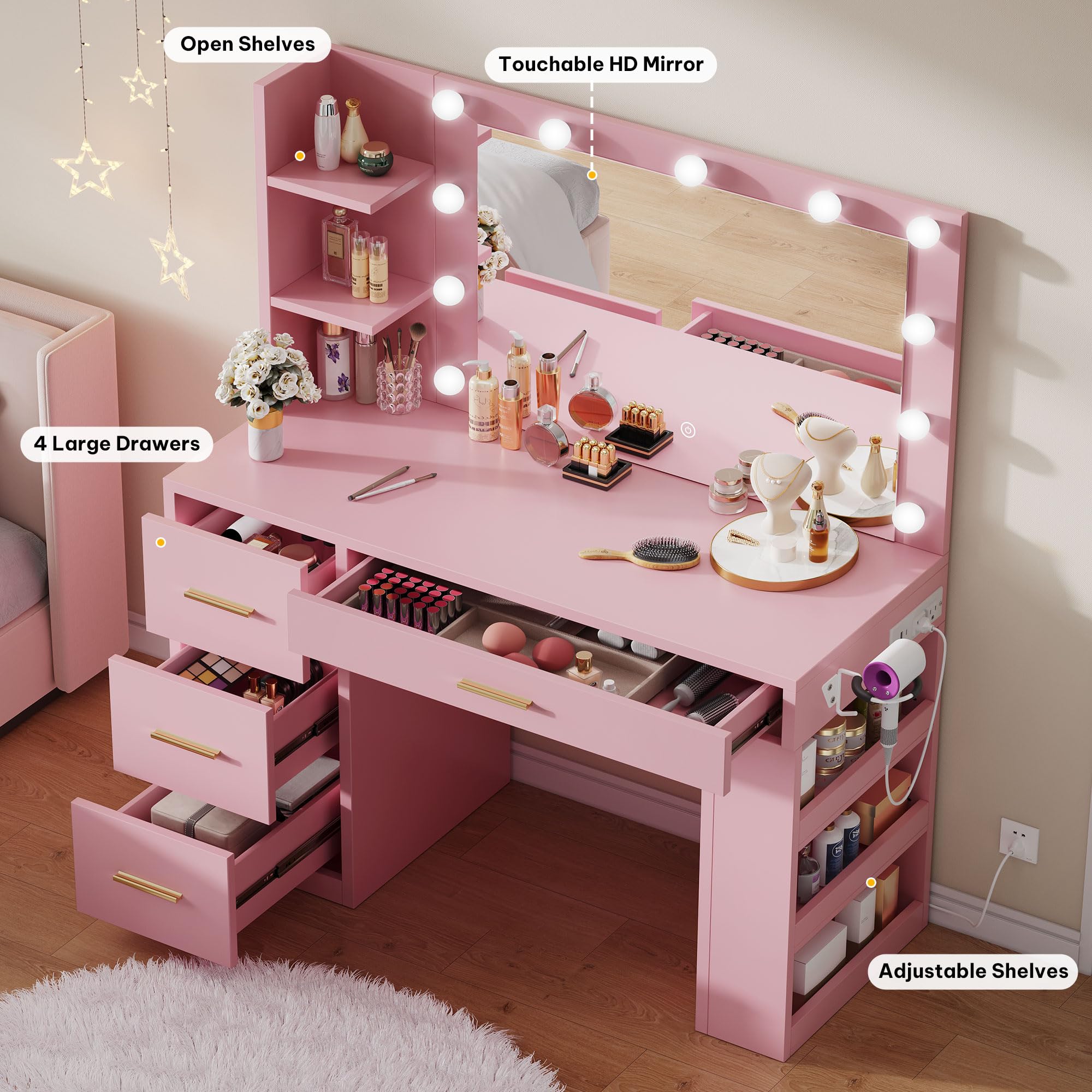 YITAHOME Pink Makeup Vanity Table with Mirror, Lights & Charging Station - 39.5 Inch Beauty Desk with 3 Storage Shelves & Comfortable Bench - Perfect for Bedroom, Dressing Room & Gift for Women