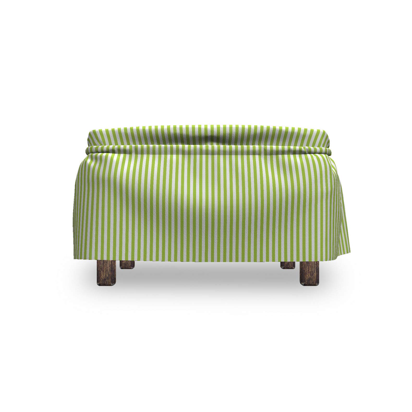 Ambesonne Striped Ottoman Cover Set - 2 Piece Slipcover with Ruffle Skirt for Square/Round Footstools | Retro Vertical Line Design in Apple Green & White | Home Decor Accent for Living Room, Bedroom & Office