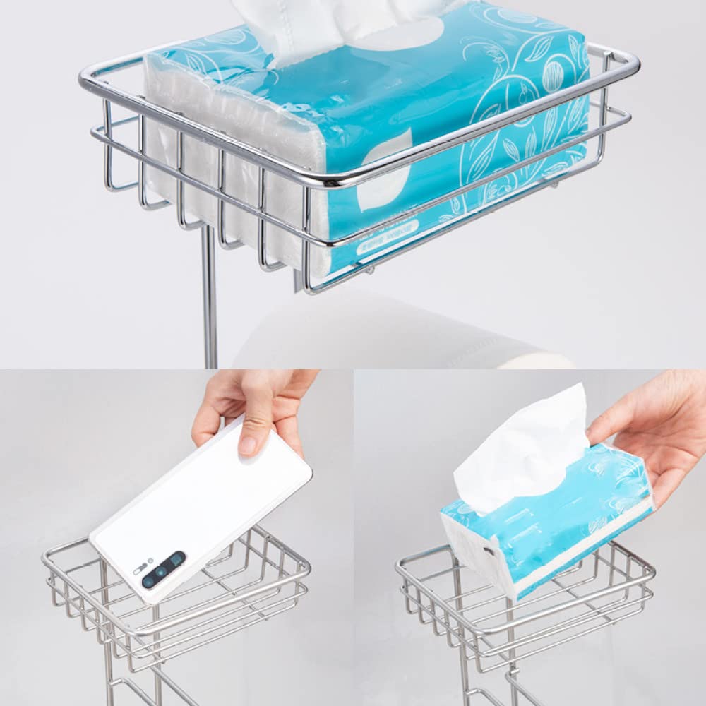 Stainless Steel Toilet Paper Holder Stand with Phone Shelf - Bathroom Tissue Roll Organizer for Home, Silver Finish | Perfect for Small Spaces, Modern Bathrooms & Convenient Storage