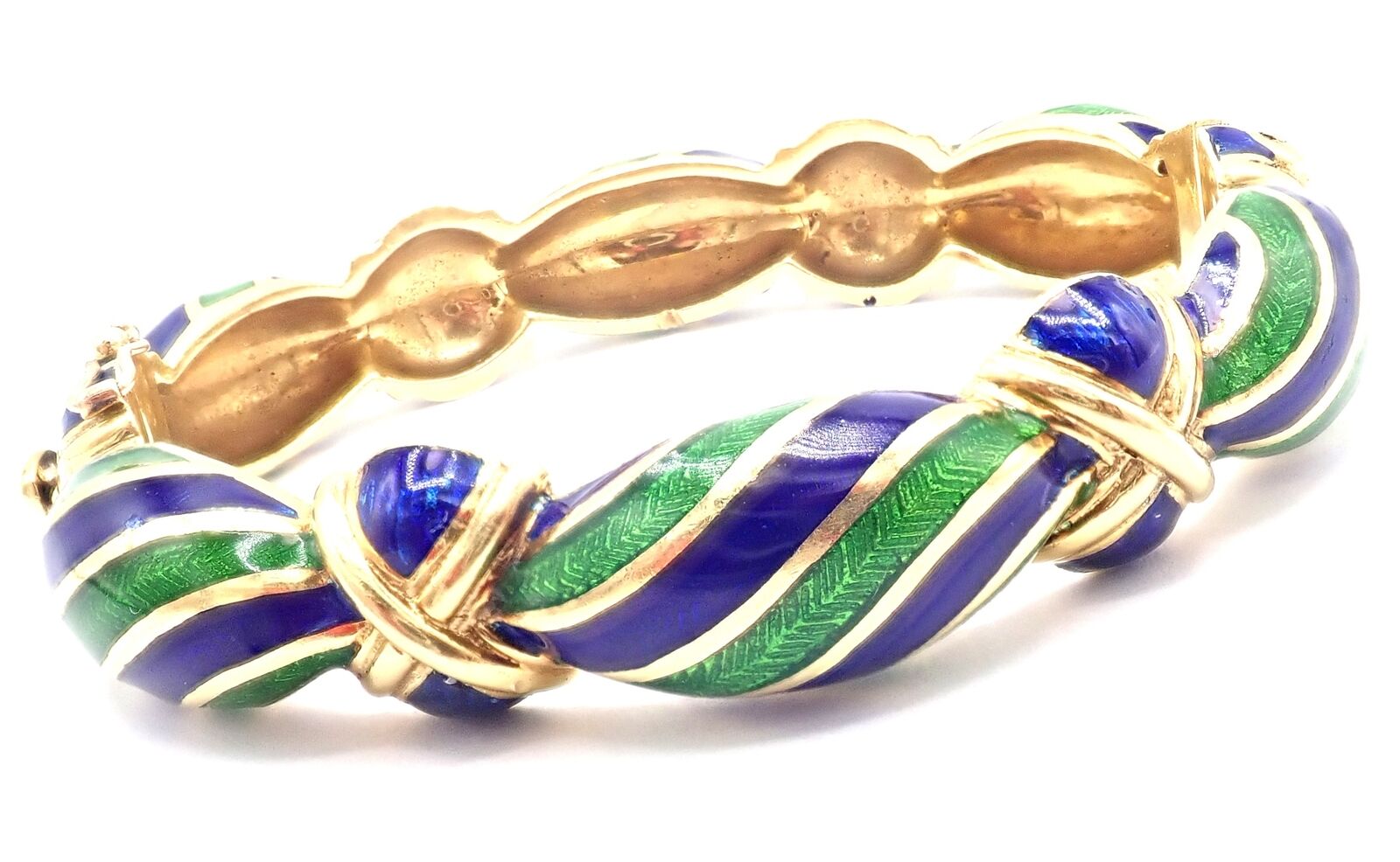 Authentic Vintage Tiffany & Co 18k Yellow Gold Enamel Bangle Bracelet with Green & Blue Design - Perfect for Weddings, Anniversaries & Luxury Gifts