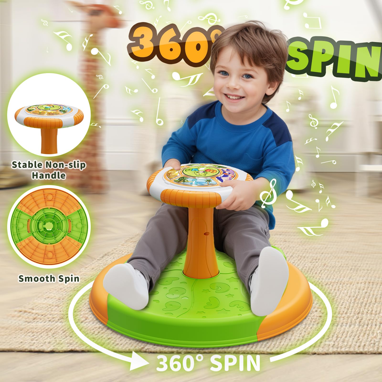 Dinosaur Sit and Spin Toy for Toddlers 3-5 Years - 360° Rotating Sensory Seat with LED Lights & Music - Best Birthday Gift for Boys & Girls - Perfect for Indoor Play, Preschool Activities & Sensory Development