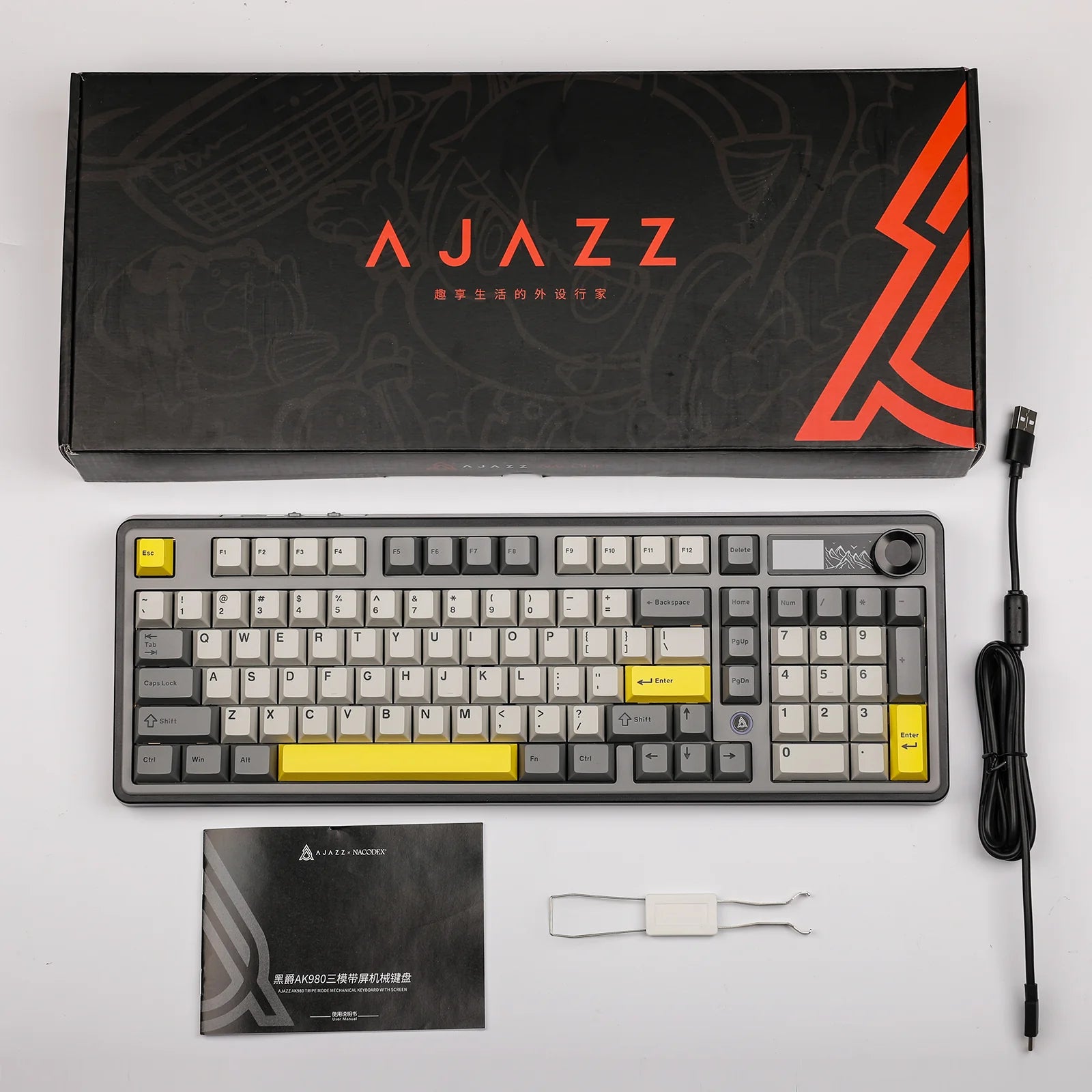 AJAZZ AK980 Mechanical Keyboard - RGB Backlit, Wired/Wireless, Maillard Switches, Black/Gray/Yellow - Perfect for Gaming, Typing & Office Work