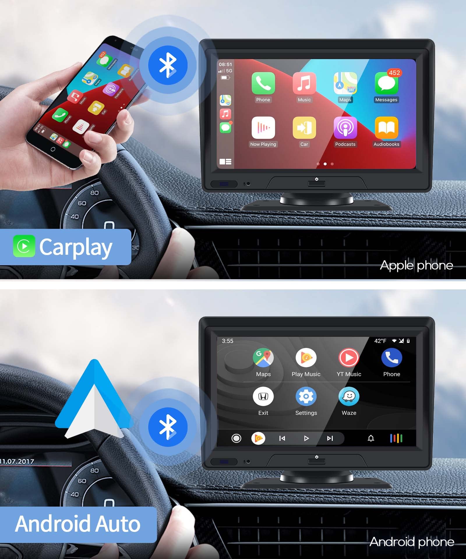 Rimoody 7'' Wireless CarPlay Screen with Dash Cam - Portable Car Stereo for Android Auto, Bluetooth, Touch Screen, Backup Camera, Voice Control & FM Transmission - Perfect for Road Trips & Hands-Free Driving