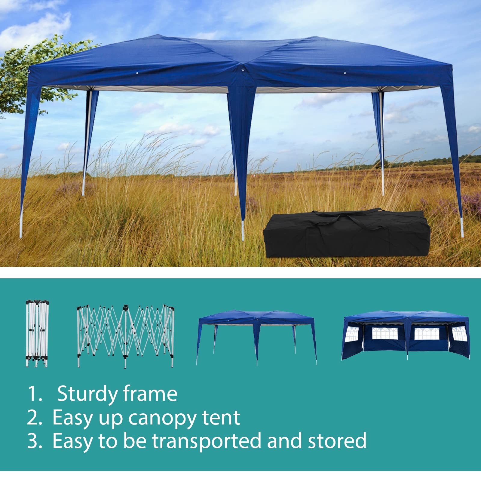 BELANITAS 10x20 FT Pop Up Canopy Tent with 6 Removable Walls & 4 Windows - Adjustable Height Folding Shelter for Outdoor Events, Parties, Markets & Camping - Waterproof & UV Protection Blue Instant Canopy - Perfect for Backyard BBQs, Flea Markets & Beach Gatherings
