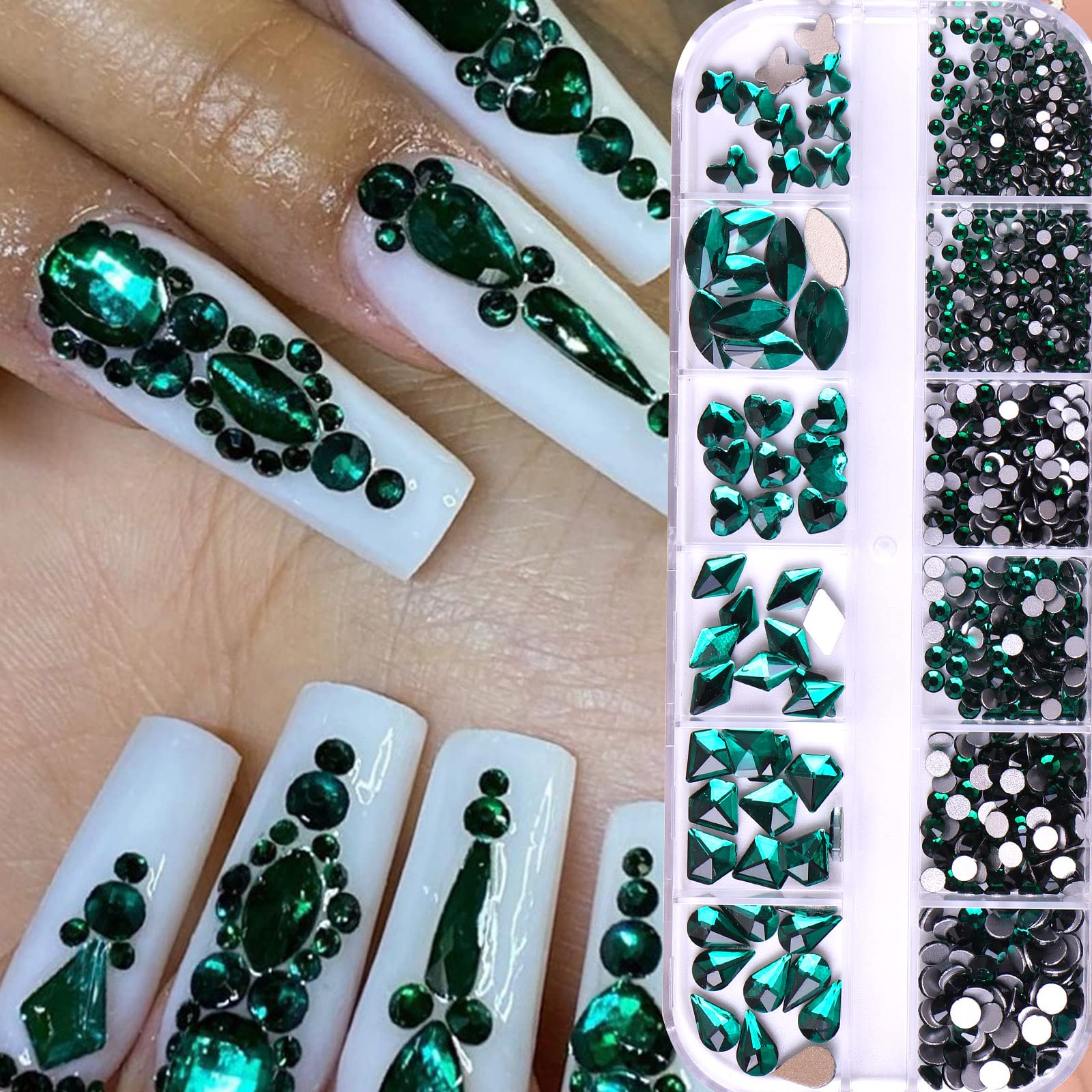 RODAKY 810Pcs 3D Rhinestones for Nails - 6 Shapes Flatback Gems, Nail Art Rhinestone Beads for DIY Nail Design, Makeup & Jewelry Crafting (Green) | Perfect for Salon, Home Manicure, Party & Wedding Nail Decorations