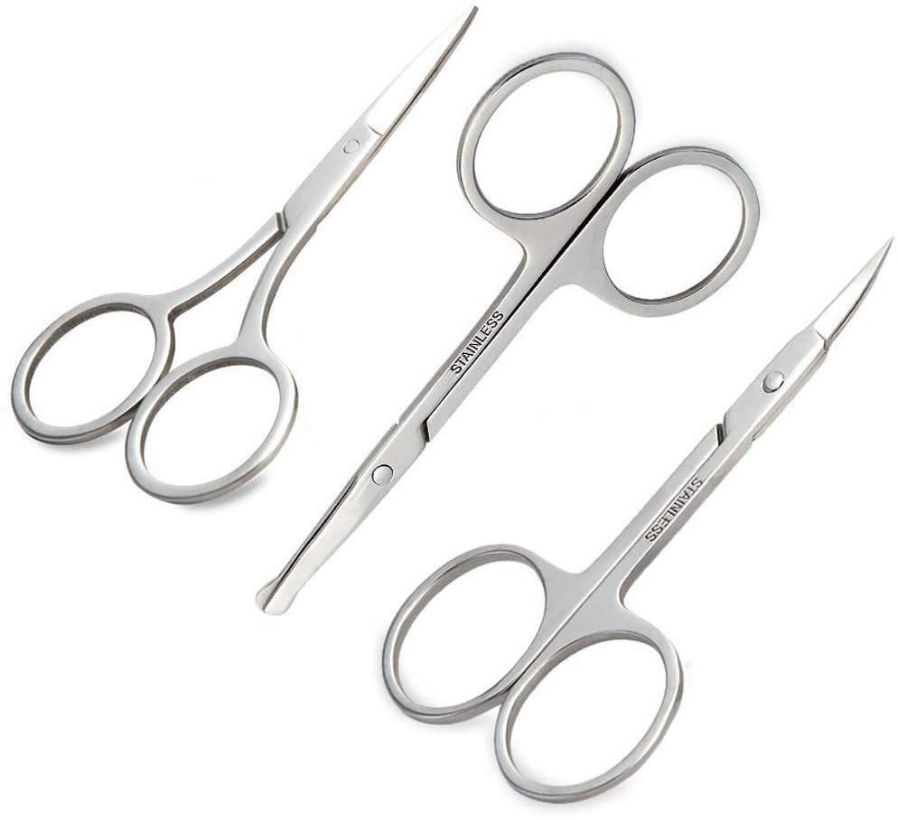 Professional Stainless Steel Eyebrow Scissors, Nose Hair & Beard Trimmer Set of 3 - Precise Grooming for Eyebrows, Facial Hair & Makeup | Perfect for Home Salon, Travel & Personal Care