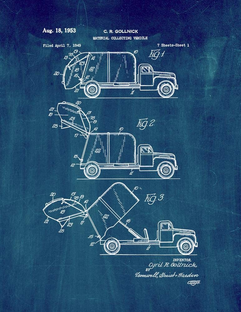 Midnight Blue Garbage Truck Patent Print - 8.5 x 11 Inch Wall Art Decor for Kids Room, Garage, or Office (M12577)