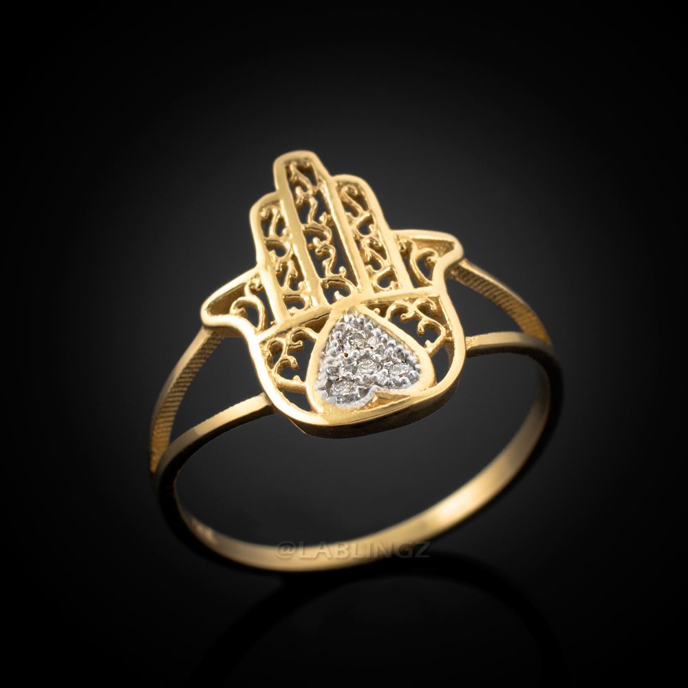 10K Yellow Gold Filigree Diamond Hamsa Pave Heart Ring for Women - Elegant Jewelry Gift for Valentine's Day, Anniversary & Special Occasions
