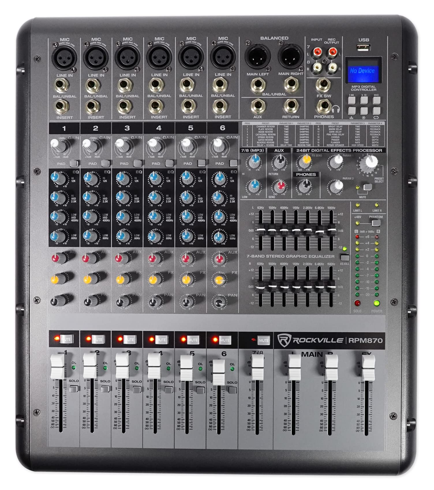 Rockville RPM870 8 Channel 6000W Professional Powered Mixer with USB, Built-in Effects & 8 XDR2 Mic Preamps - Perfect for Live Sound, Studio Recording & DJ Performances