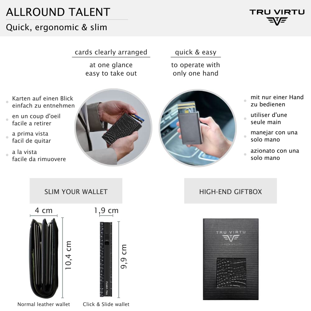 Tru Virtu® Slim RFID Blocking Credit Card Holder - Genuine Italian Leather Wallet with Click & Slide Design | NFC Protection | Croco Black/Black | Perfect for Travel, Business & Everyday Use