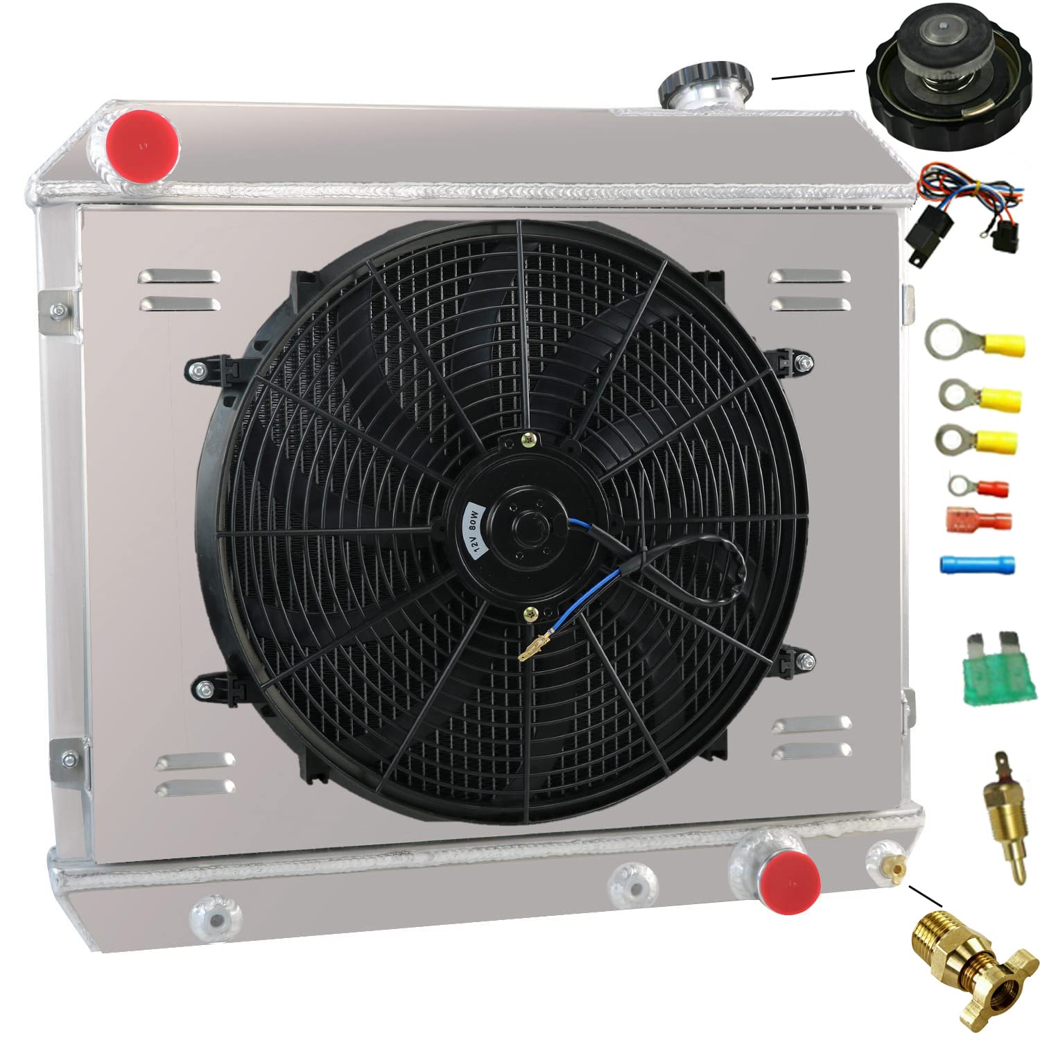 4 Row Aluminum Radiator Shroud with Cooling Fans & Relay Kit - Compatible with 1963-1966 Chevy C10 C20 C30 K10 K20 Pickup/Suburban & 1961-1966 Pontiac Catalina/Bonneville/Grand Prix/Star Chief - Heavy Duty Cooling Upgrade for Hot Rods, Classic Trucks & Restoration Projects
