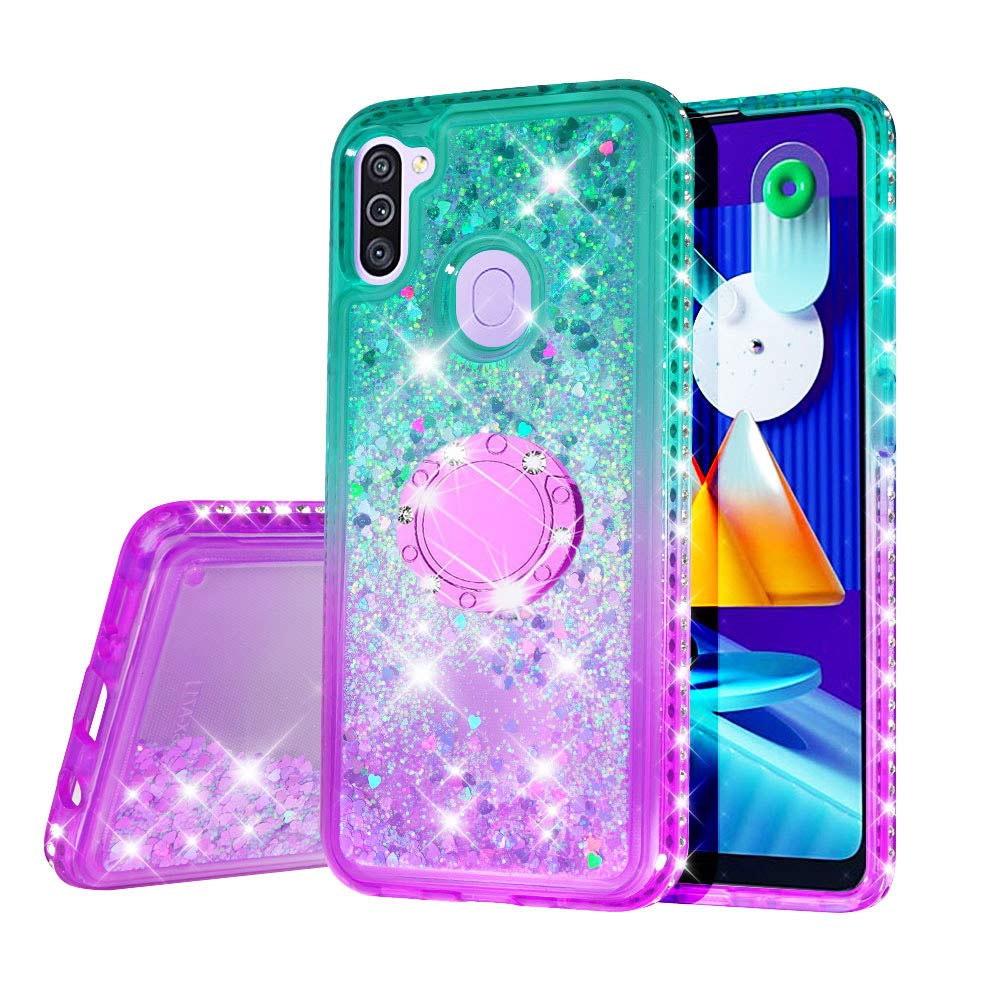 SOGA Rhinestone Liquid Quicksand Phone Case for Samsung Galaxy M11 - Sparkly Glitter Cover with Embedded Ring for Magnetic Car Mount & Lanyard, Cute Protective Case for Girls (Purple/Teal) - Perfect for Daily Use, Work, School & Travel