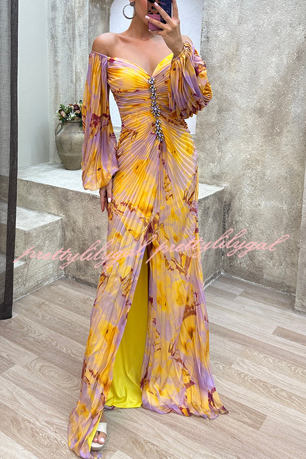 Sunset Serenade Printed Off Shoulder Diamond Embellished Pleated Slit Maxi Dress for Women | Elegant Evening Gown for Parties, Weddings & Special Occasions