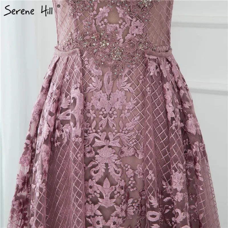Elegant Pink Mermaid Evening Dress with Floral Lace & Crystal Details - Off Shoulder Short Sleeve Gown for Parties, Weddings & Special Occasions - Serene Hill LA70200
