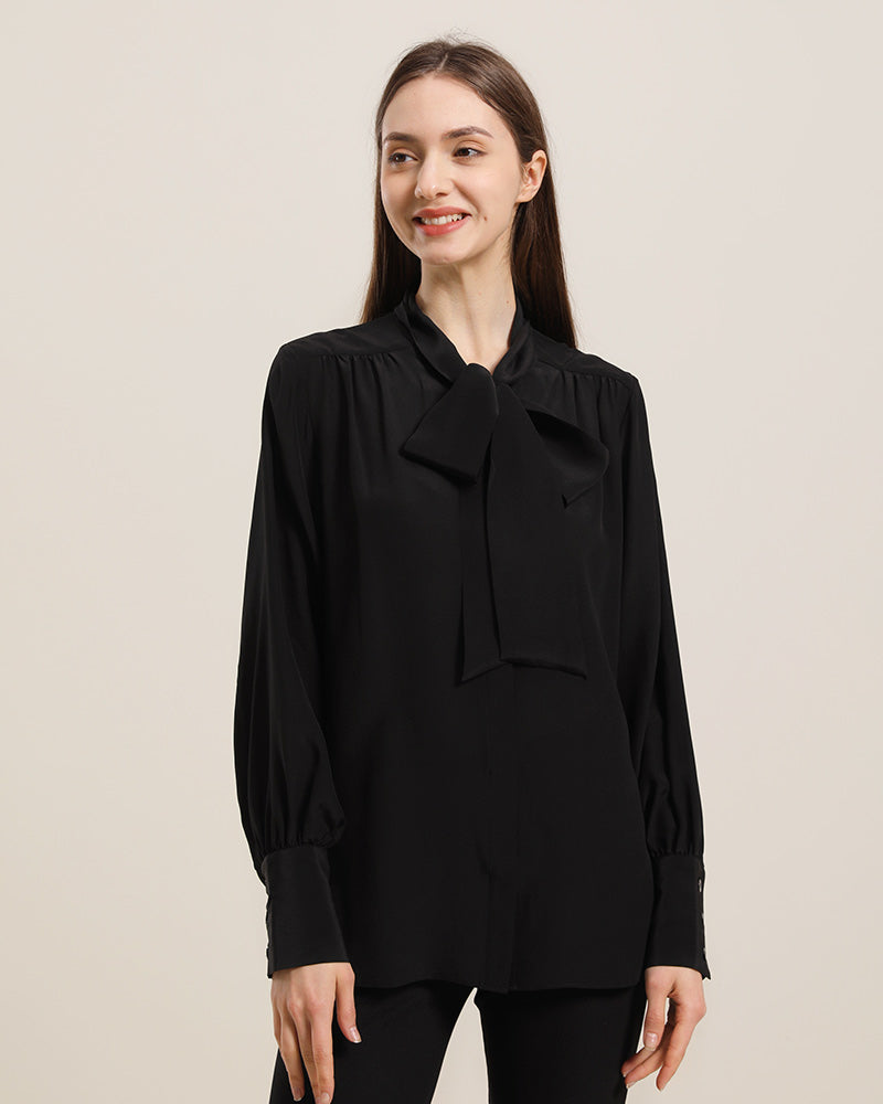 Elegant Bow Tie Ruched Silk Blouse for Women - Formal Office Wear & Evening Party Outfits