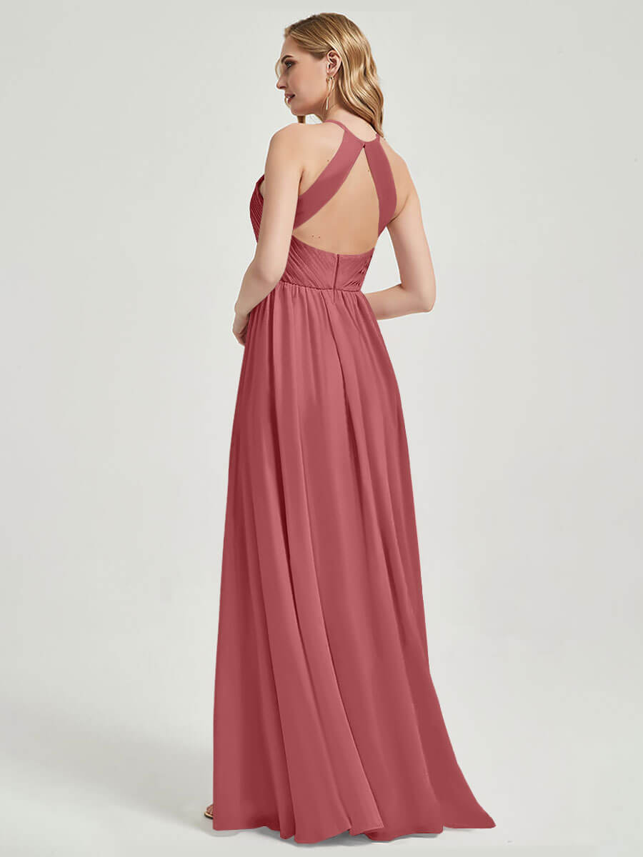 Elegant Desert Rose Halter Pleated Keyhole Back Chiffon Bridesmaid Dress for Wedding Party, Formal Events & Special Occasions