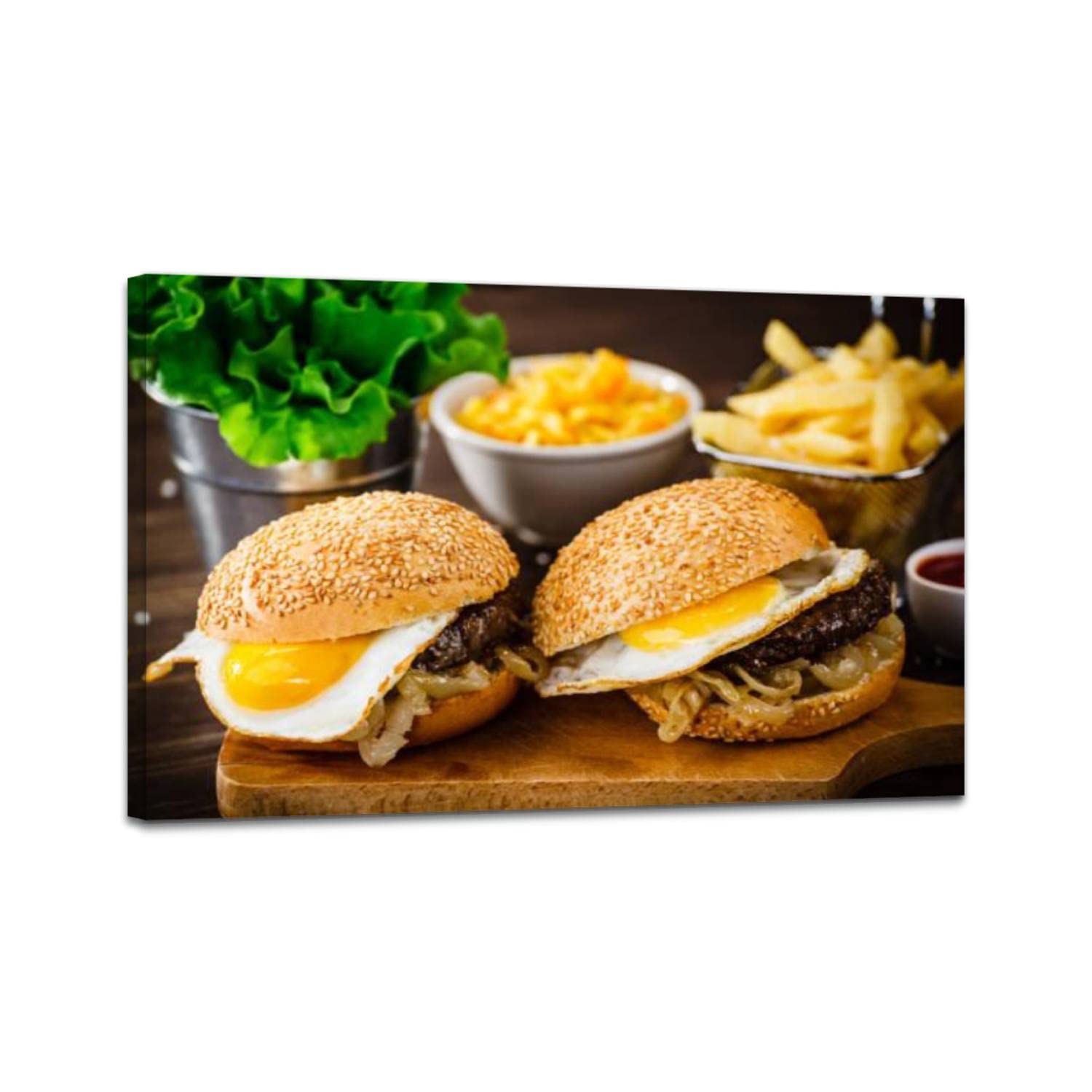 Framed Wall Art Canvas Painting - Big Burgers, French Fries & Vegetables Decor for Bedroom, Living Room, Kitchen, Dining Room & Home Office | Perfect for Restaurant-Themed Decor & Food Lover Gifts