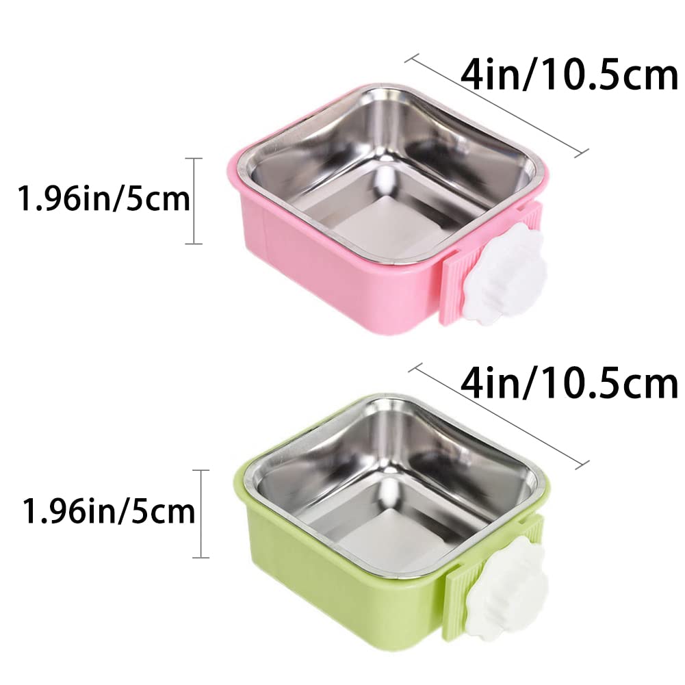 Stainless Steel Crate Dog Bowl - Removable Pet Food & Water Feeder for Cats, Puppies, Birds, Rabbits - Secure Bolt Holder - Small Square (Green & Pink) - Perfect for Kennels, Cages & Travel Crates