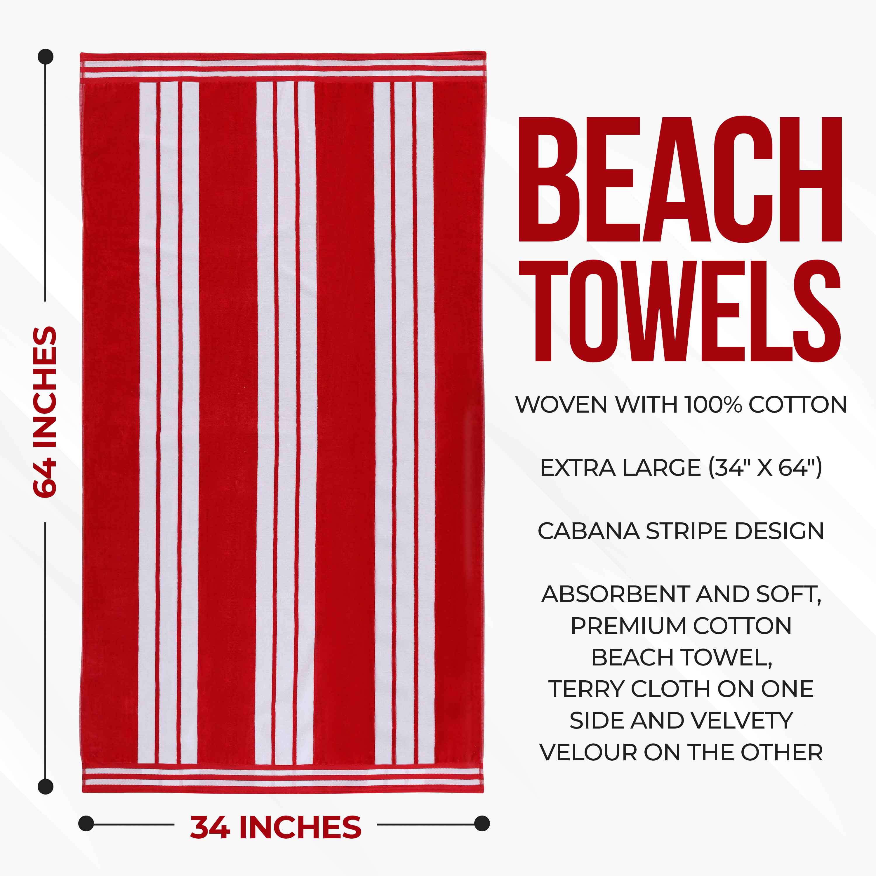 Premium Cabana Stripe Oversized Cotton Beach Towel Set (2/4/6 Pack) - Soft Quick-Dry Bath Towels for Pool, Beach, Yoga & Travel