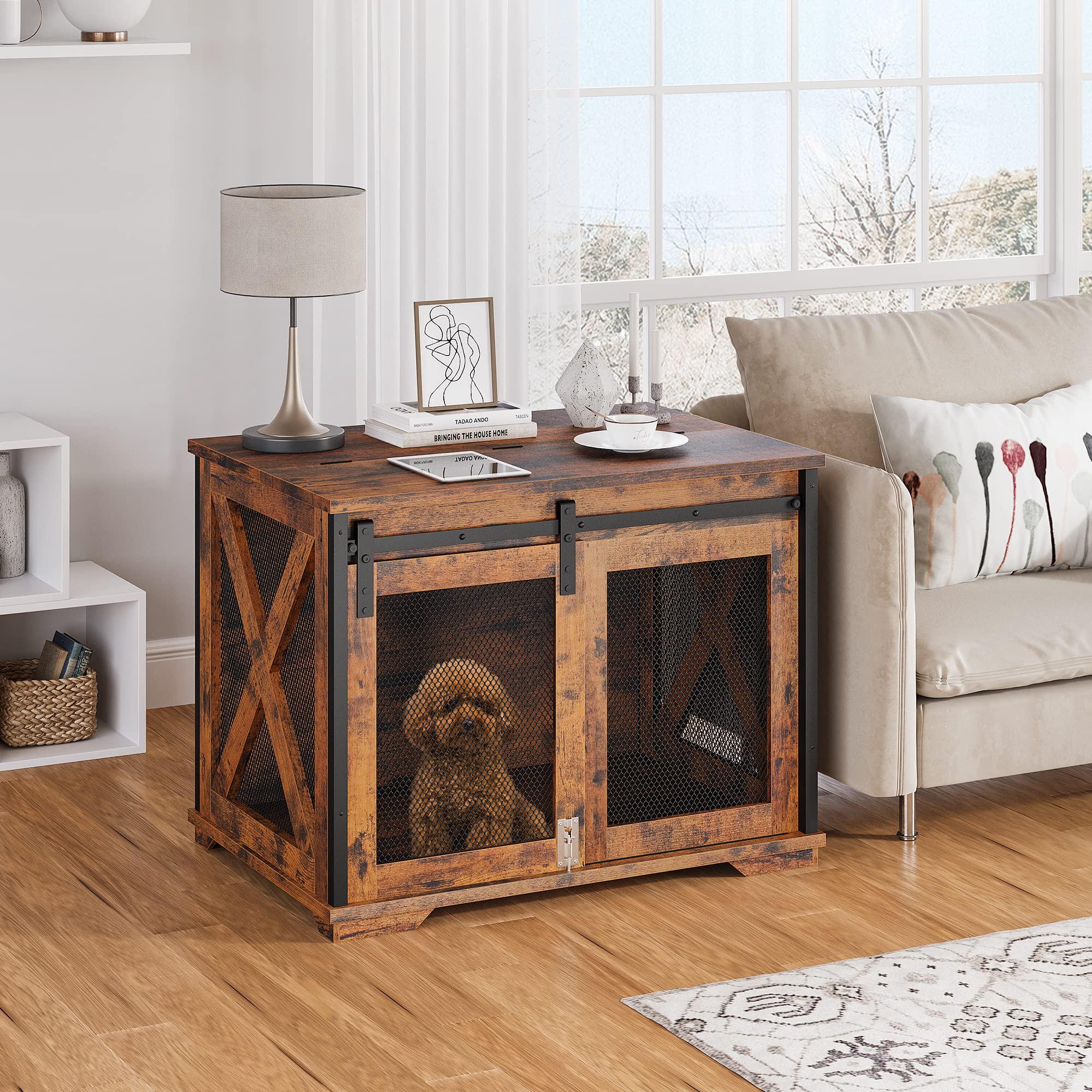 IDEALHOUSE 37'' Wooden Dog Crate Furniture with Flip Top & Movable Divider - Stylish End Table for Large Dogs | Perfect for Living Room, Bedroom or Office Pet Kennel
