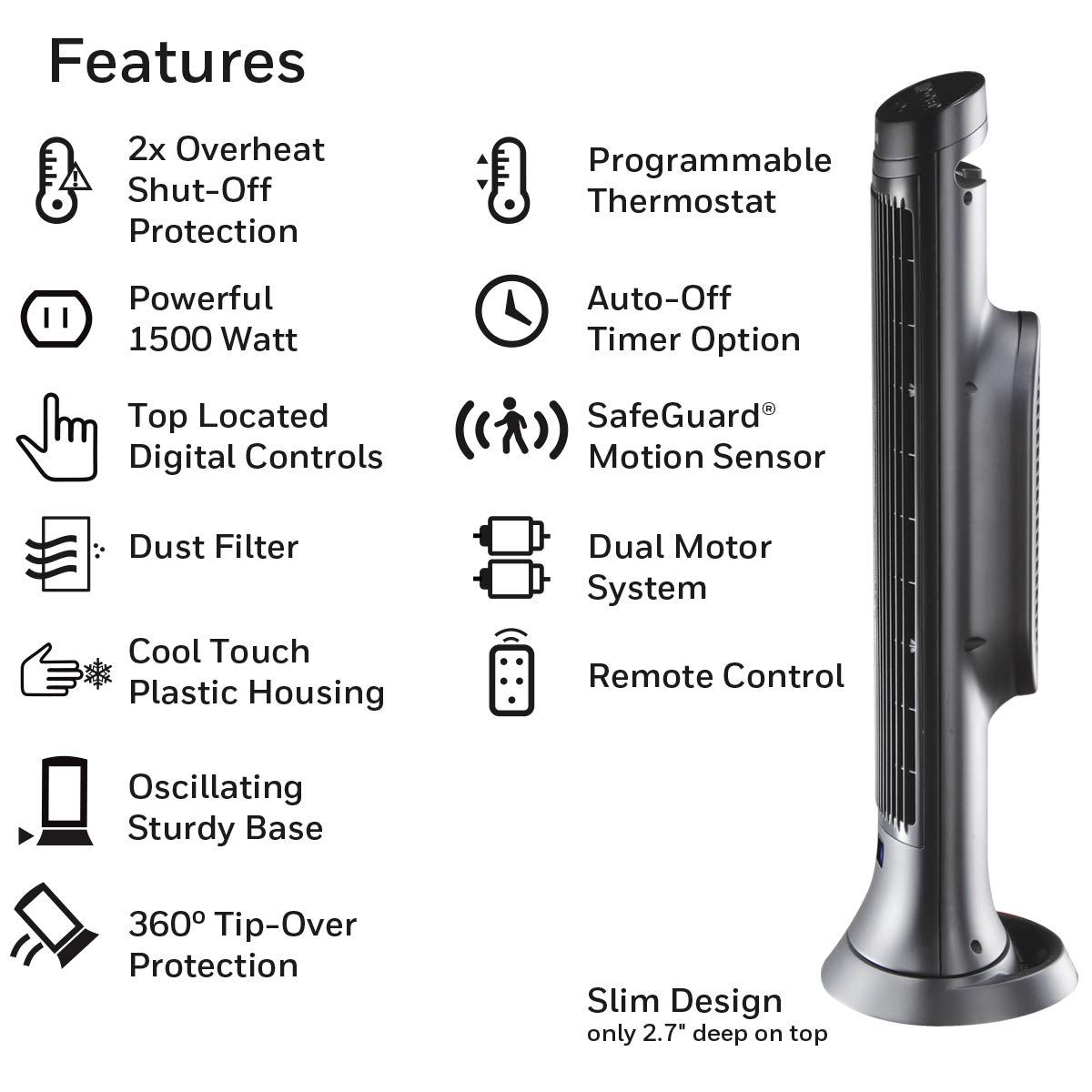 Honeywell Safeguard Motion Sensor Ceramic Space Heater for Large Rooms - Black Tower Heater with 2 Heat Settings & Energy Efficient Design | Perfect for Bedroom, Office & Living Room Heating