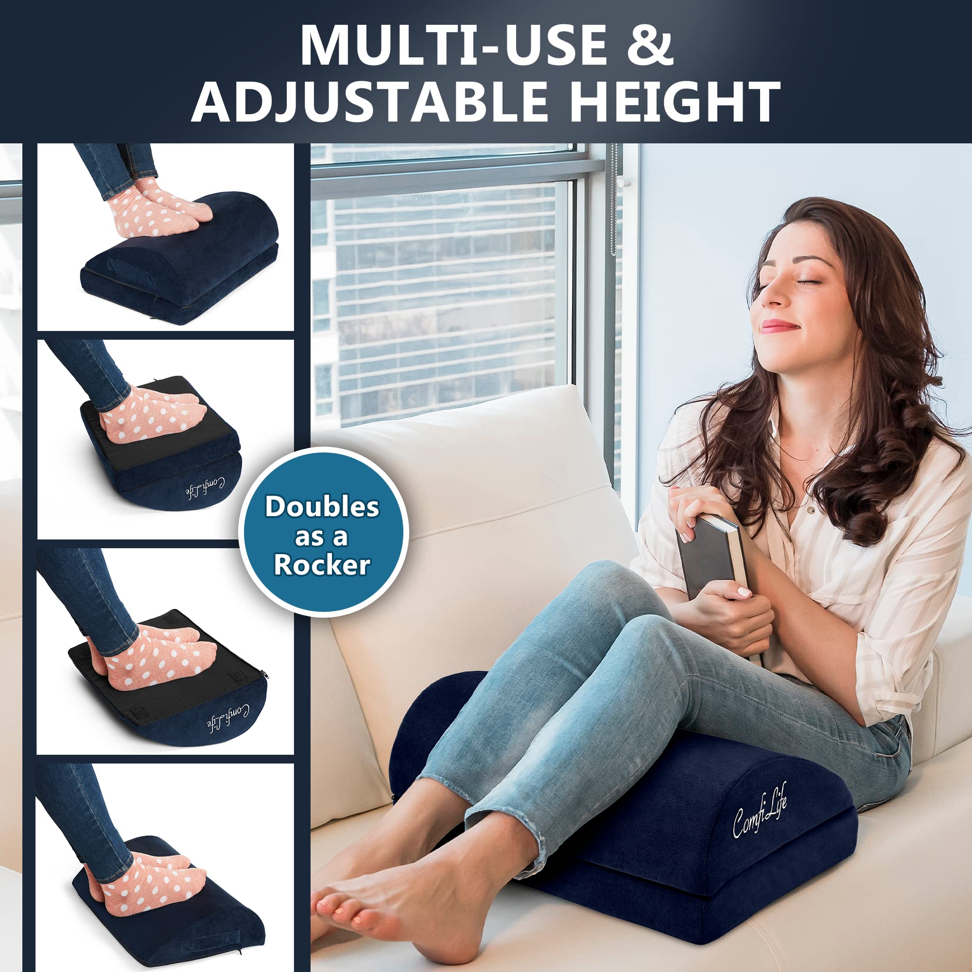 ComfiLife Adjustable Memory Foam Foot Rest for Under Desk - Ergonomic Teardrop Design Office Footrest for Back, Hip & Leg Pain Relief - Perfect for Work, Gaming & Home Office (Navy Blue)