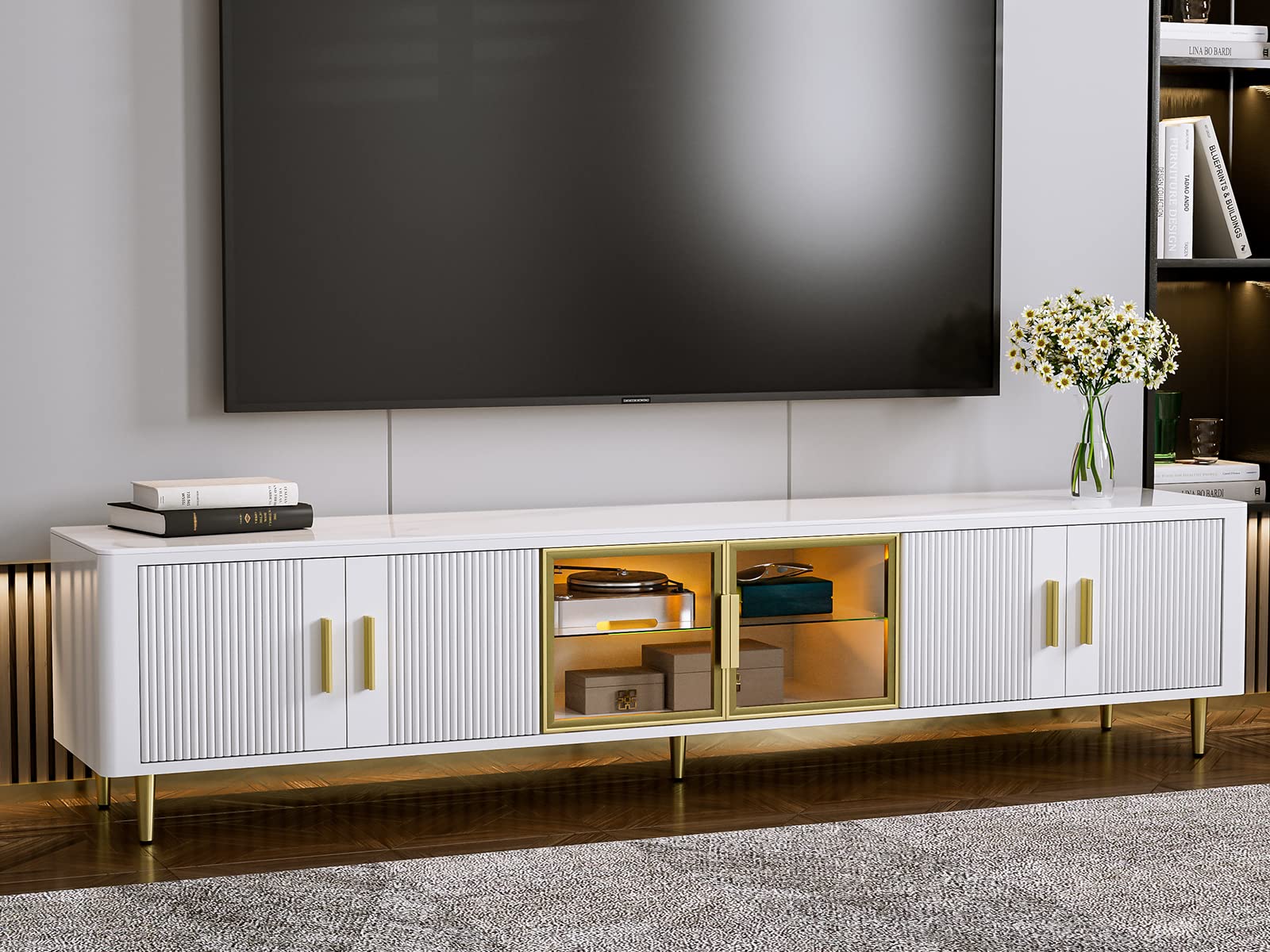 IKIFLY Modern TV Stand for 85+ Inch TVs - White LED Slate Entertainment Center with Glass Storage Cabinets & Adjustable LED Lights - Perfect for Living Room, Home Theater & Gaming Setup