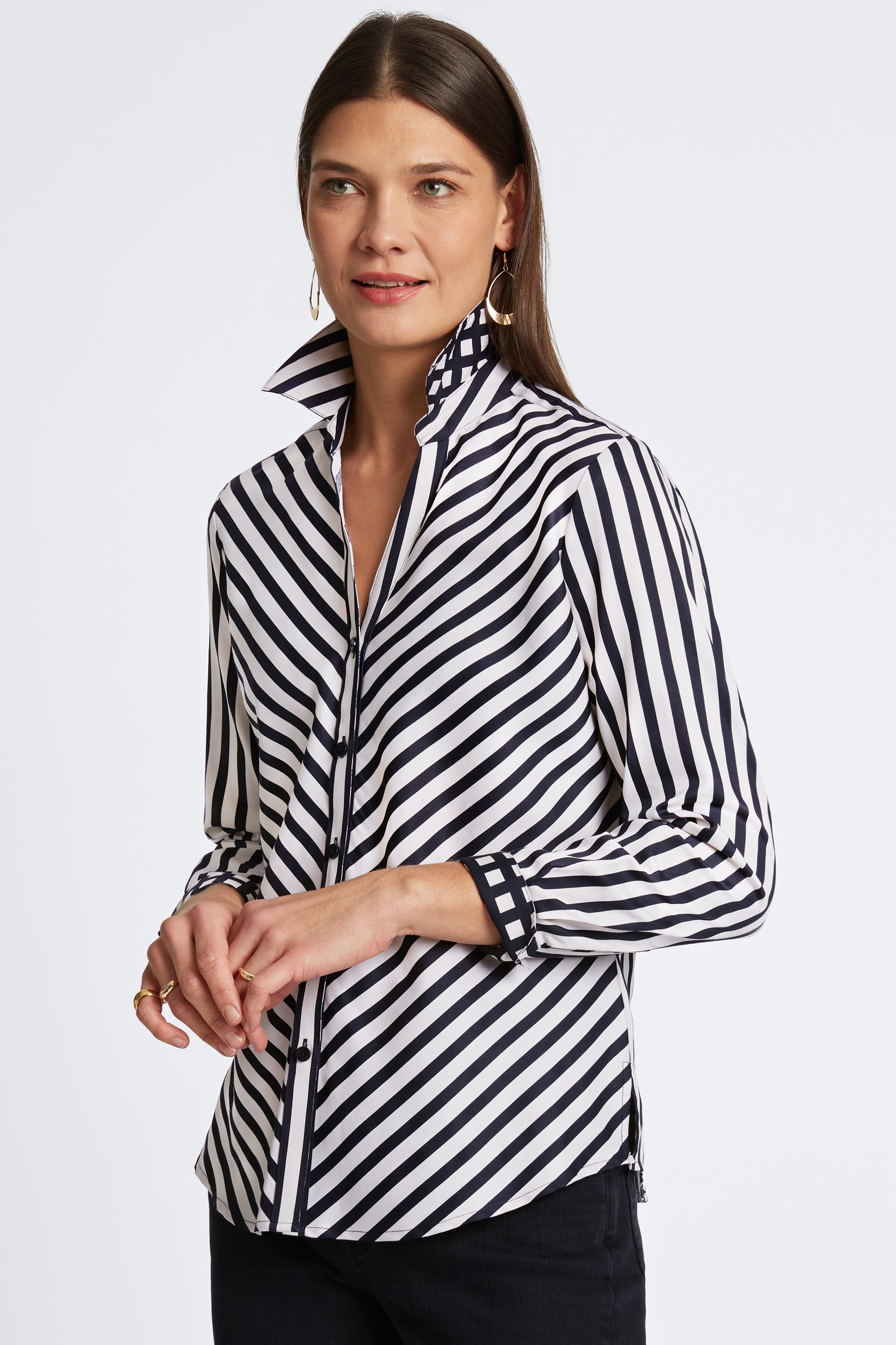 Mary Stripe & Gingham Long Sleeve Shirt for Women - Casual Button Down Oxford Shirt - Perfect for Office, Date Night & Fall Layering
