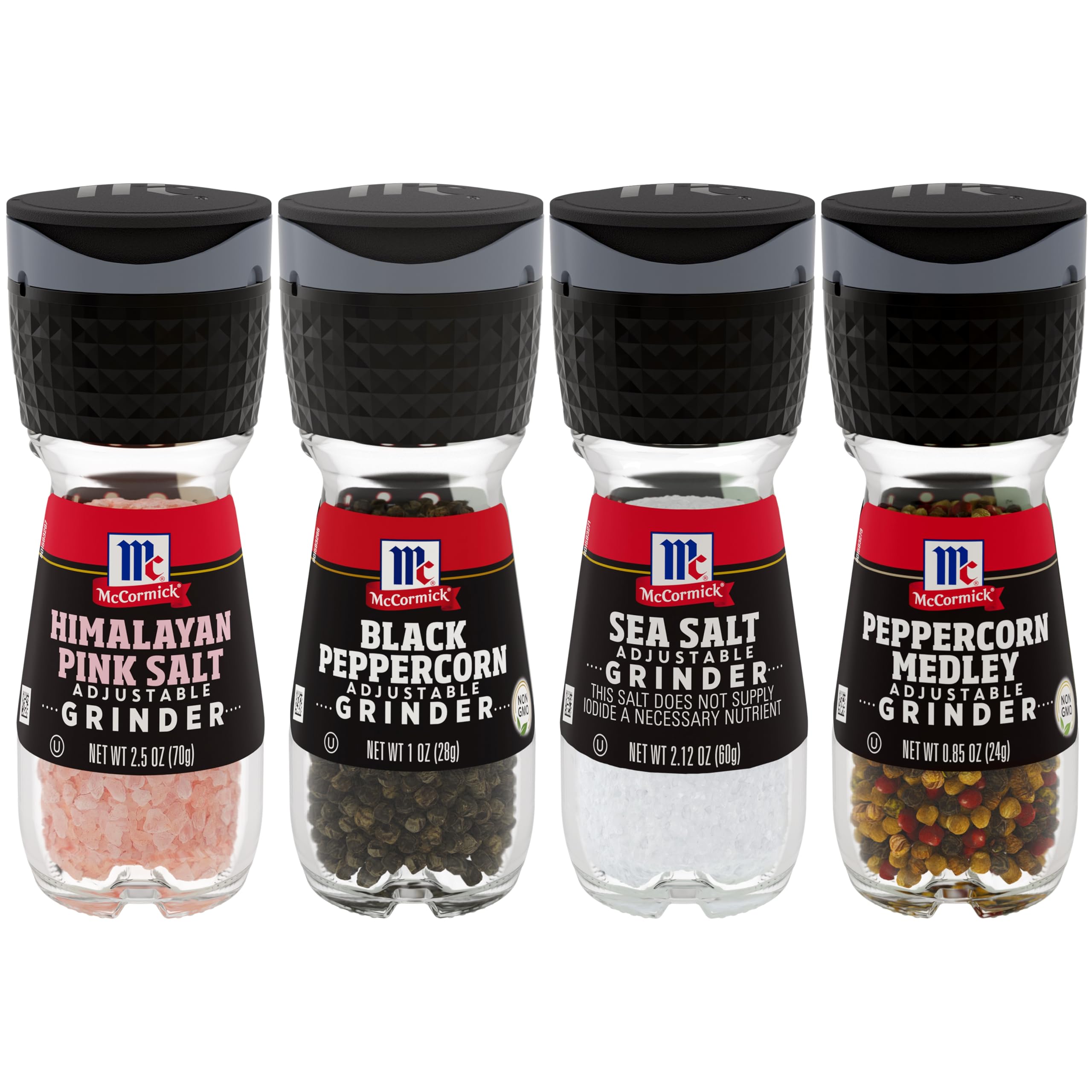 McCormick Salt & Pepper Grinder Variety Pack - Himalayan Pink Salt, Sea Salt, Black Peppercorn & Peppercorn Medley (6.47 oz) | Premium Spice Grinders for Cooking, Seasoning & Gourmet Meals | Perfect for Kitchen, BBQ & Dinner Parties
