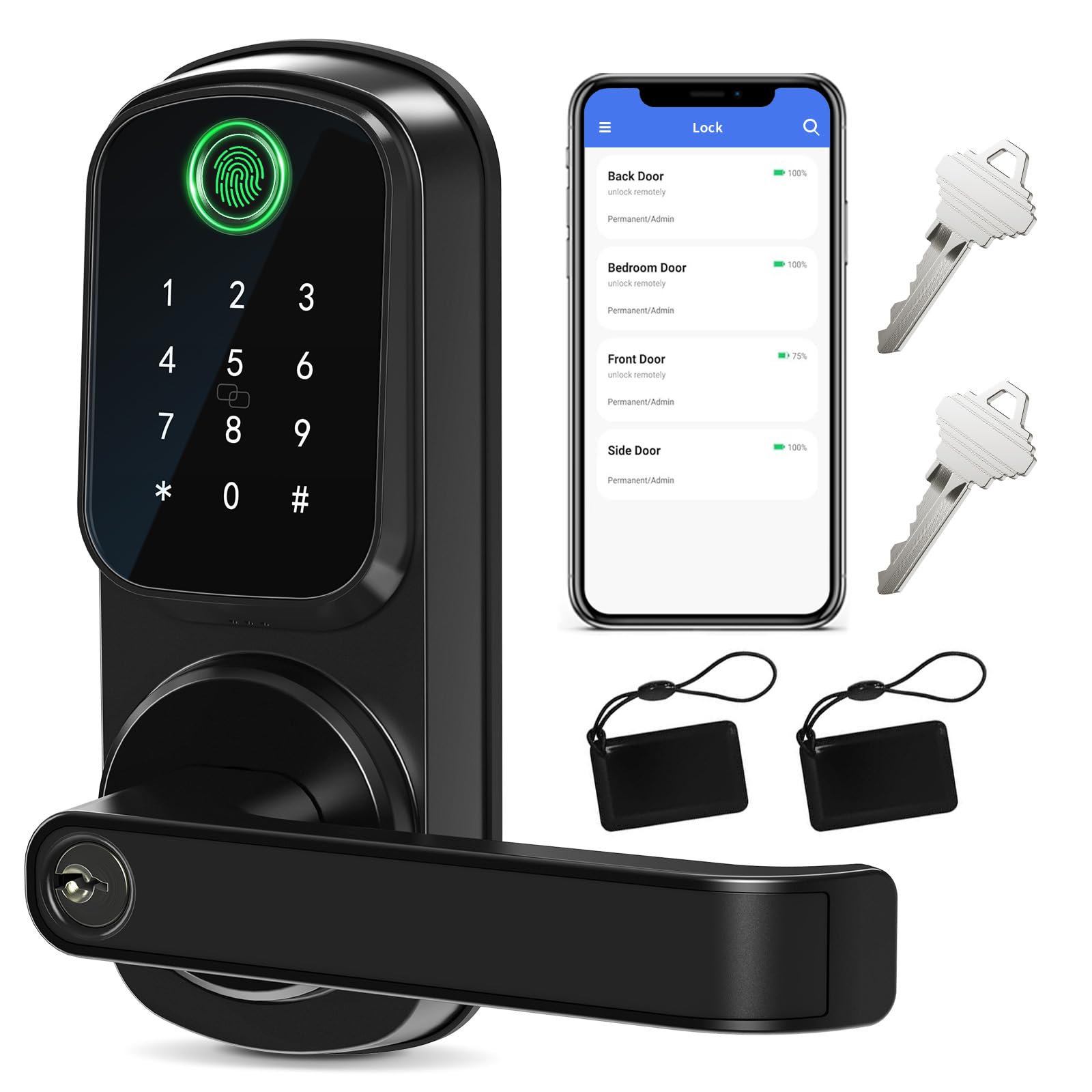 IRONZON Smart Keyless Entry Door Lock with Handle - 5-in-1 Keypad Deadbolt for Front Door (Fingerprint, Password, Key, APP Control) - Perfect for Home Security & Vacation Rentals