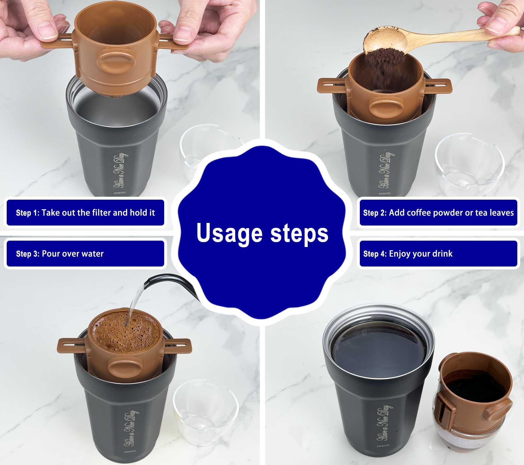 ZK&HX LIFE Pour Over Coffee Maker & Insulated Travel Mug - Portable Camping Coffee Maker with Tea Infuser for Loose Leaf Tea - Perfect for Hiking, Office & Outdoor Adventures