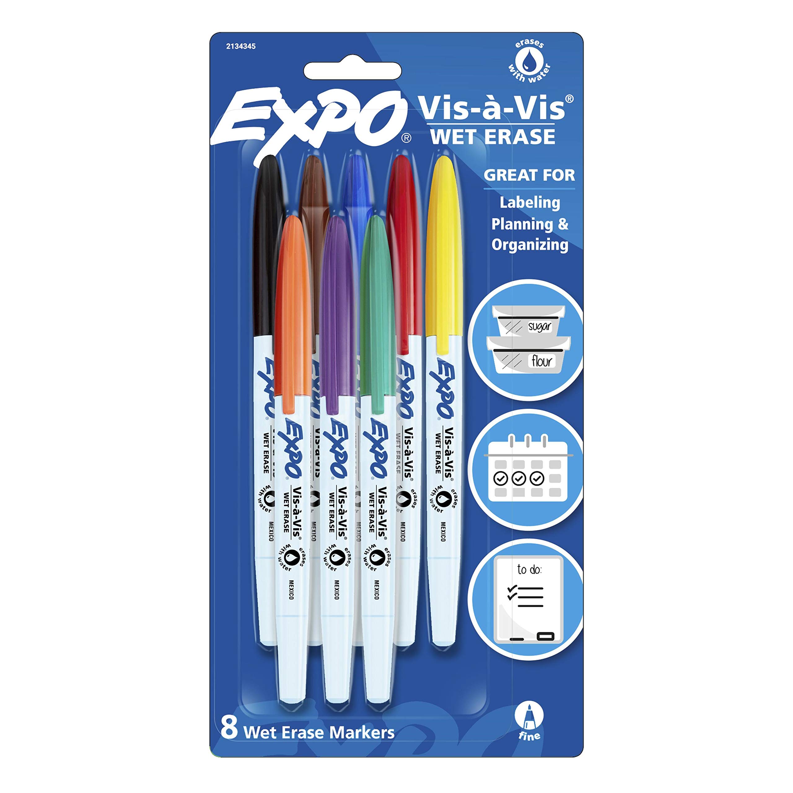 EXPO Fine Point Wet Erase Markers - 8 Pack Assorted Colors for Whiteboards, Glass & Non-Porous Surfaces - Ideal for Teachers, Offices & Home Use