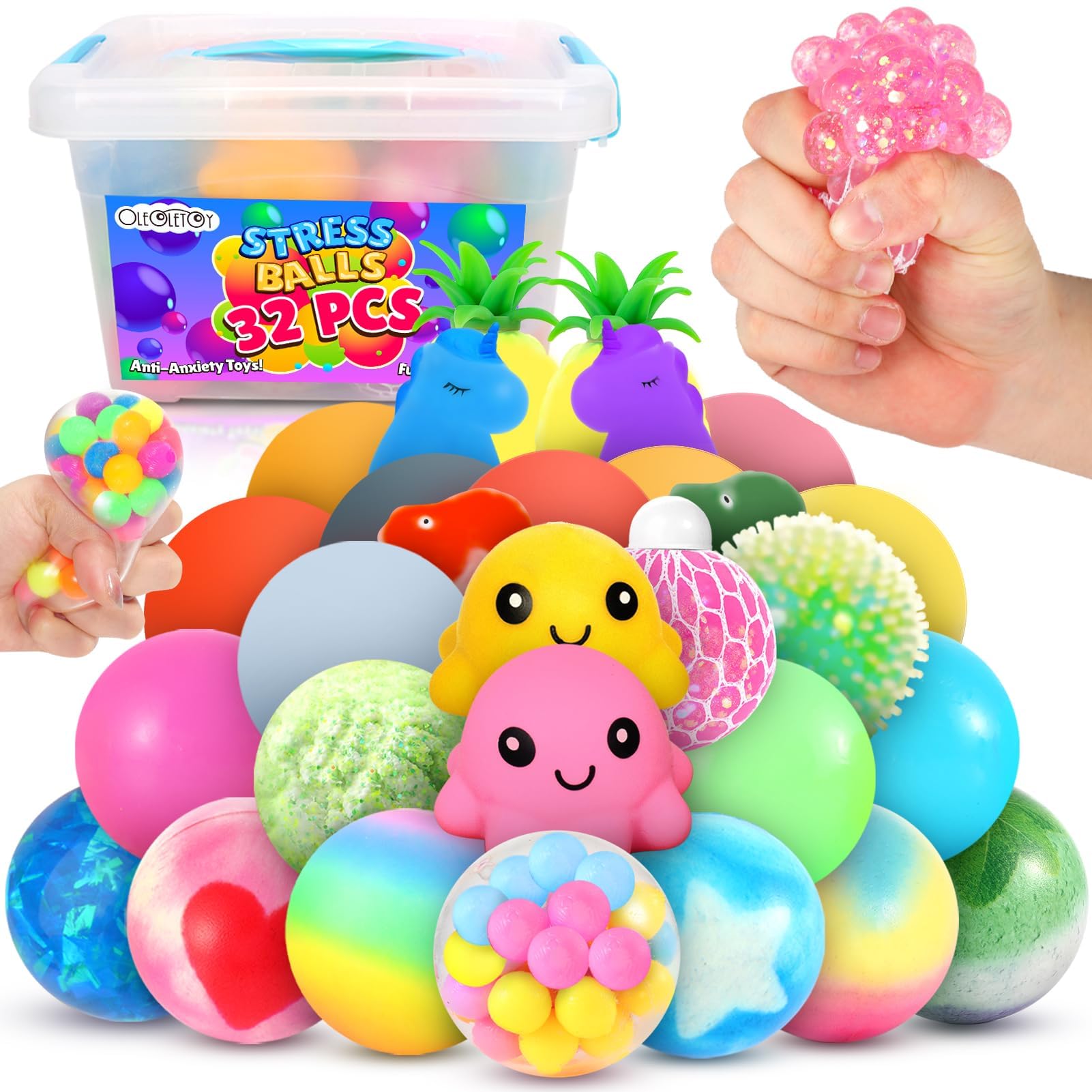 32 Pack Stress Relief Balls for Adults & Kids - Soft Squishy Fidget Toys for Autism, Anxiety, ADHD - Perfect for Easter Basket Stuffers, Classroom Prizes, Party Favors & Office Stress Relief (Use at Home, School or Work)