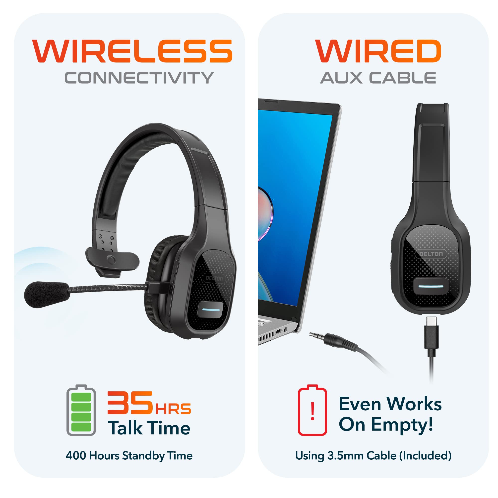 Delton Professional Wireless Computer Headset with Noise Cancelling Mic | Bluetooth 5.0 On-Ear Headphones, 30H Battery for Truckers, Call Center & Remote Work - Comfortable Office Headset (2-Pack) - Perfect for Zoom Meetings, Customer Service & Online Classes
