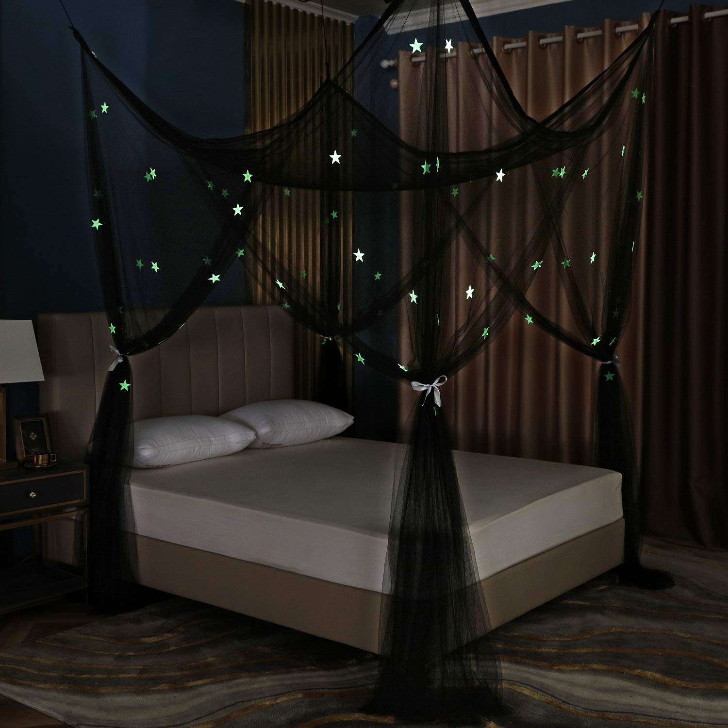 OctoRose 4-Poster Glow in The Dark Bed Canopy with Stars - Black Hanging Mosquito Net for Full, Queen & King Size Beds (76