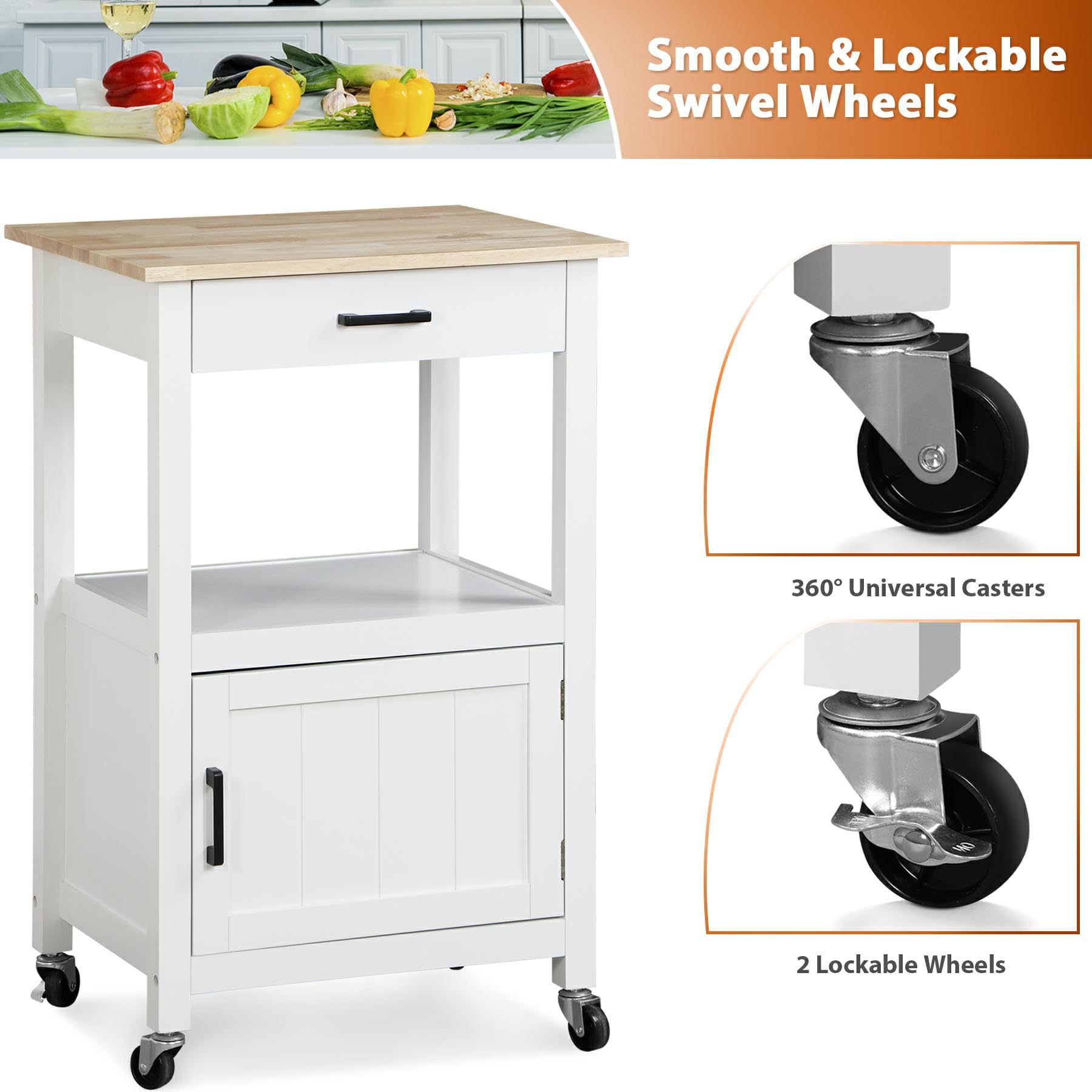 Nova White Mobile Kitchen Island Cart with Wheels - Single Door Cabinet, Rolling Coffee & Microwave Serving Cart for Dining Room - Perfect for Small Spaces, Entertaining & Kitchen Storage