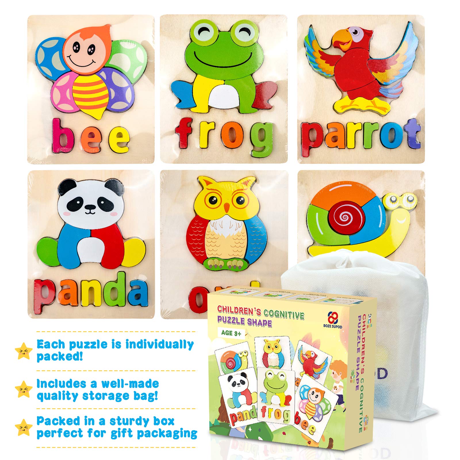 **Eco-Friendly Wooden Toddler Puzzles for 1 2 3 Year Old Boys & Girls - 6 Pack Educational Preschool Learning Toys - Perfect for Home, Classroom & Birthday Gifts**