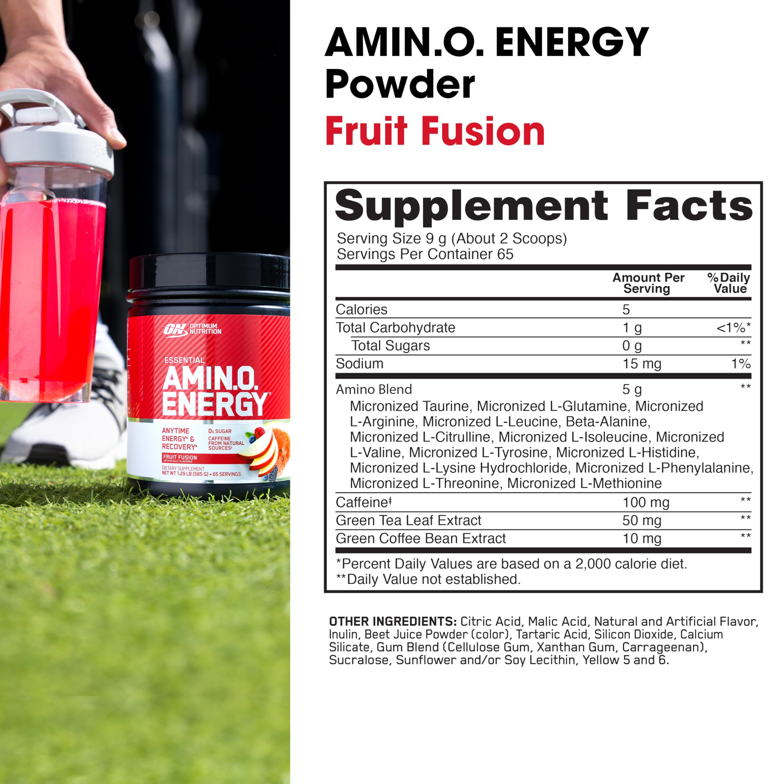 Optimum Nutrition Amino Energy Pre Workout Powder - Keto Friendly with Green Tea, BCAA, Amino Acids & Green Coffee Extract - Fruit Fusion Flavor, 65 Servings (Packaging May Vary) | Boost Energy & Focus for Gym, Running & Fitness Training