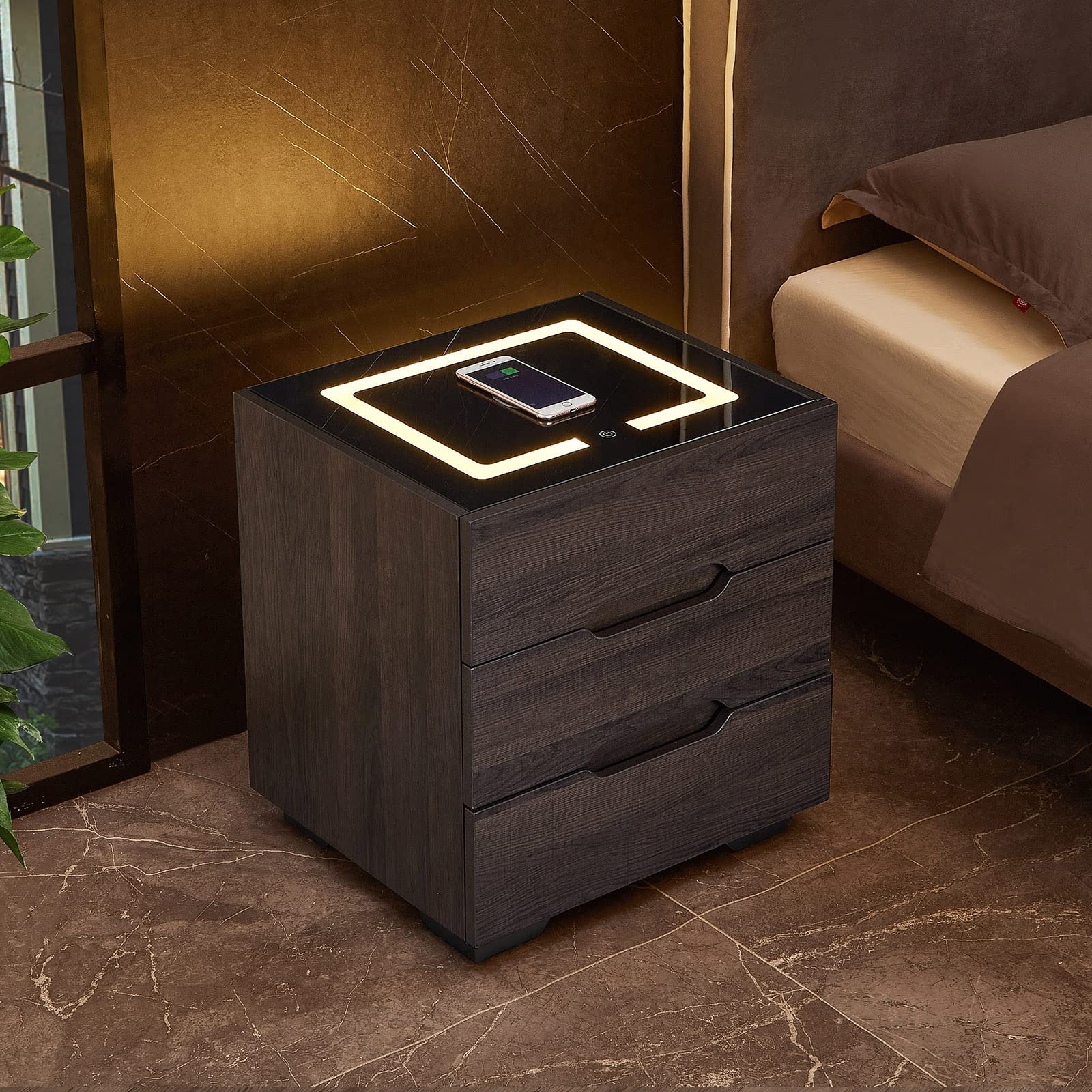 OLDCAPTAIN Modern Nightstand with Wireless Charging Station, 3 Drawers & LED Lights - Dark Brown End Table for Bedroom Storage | Perfect for Phone Charging, Reading Light & Bedside Organization