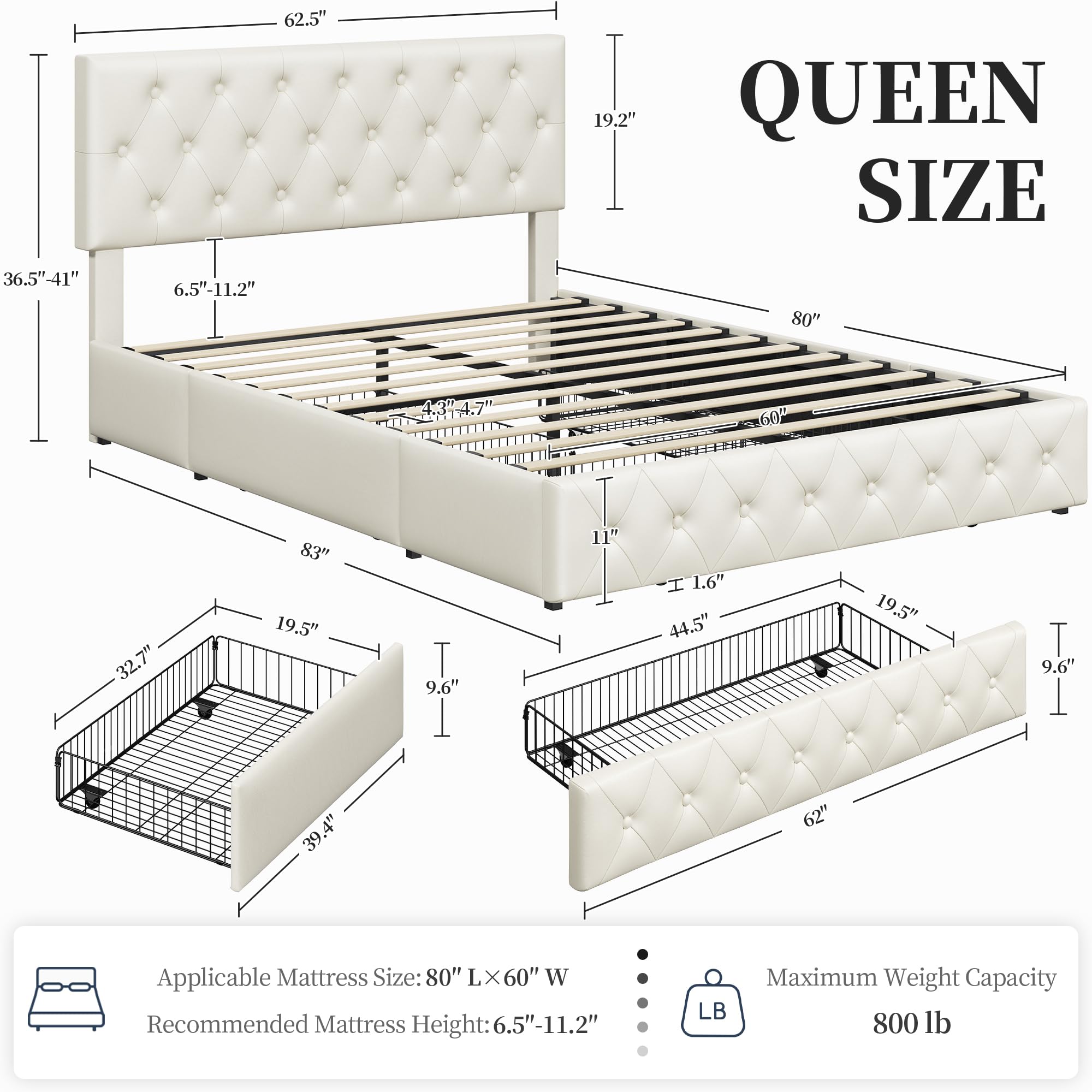 Yaheetech Queen Upholstered Bed Frame with Adjustable Diamond Button-Tufted Headboard & 3 Storage Drawers - Sturdy Wood Slat Support, Beige Platform Bed for Bedroom, Guest Room or Dorm