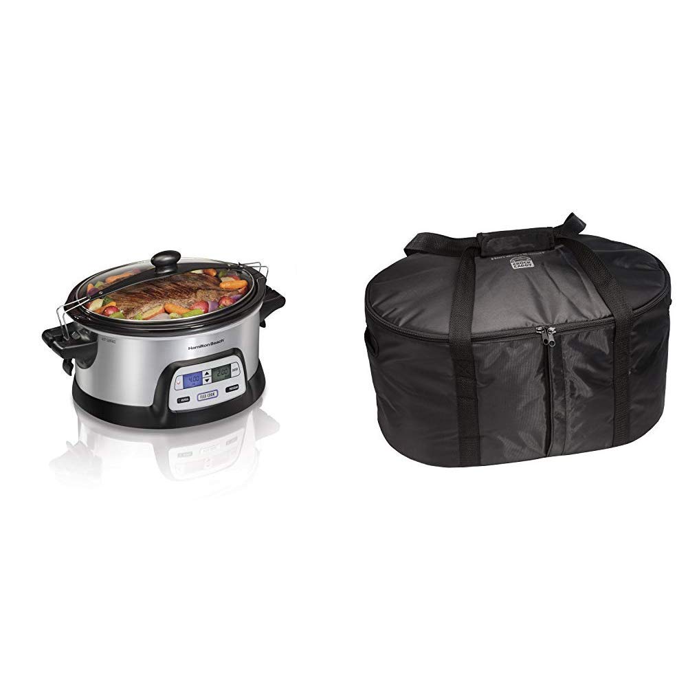 Hamilton Beach 6-Quart Programmable Slow Cooker with Lid Lock & Insulated Travel Bag Set - Portable Slow Cooker for Home, Office, and Travel - Perfect for Meals, Potlucks, and Road Trips (Models 33861 & 33002) Black