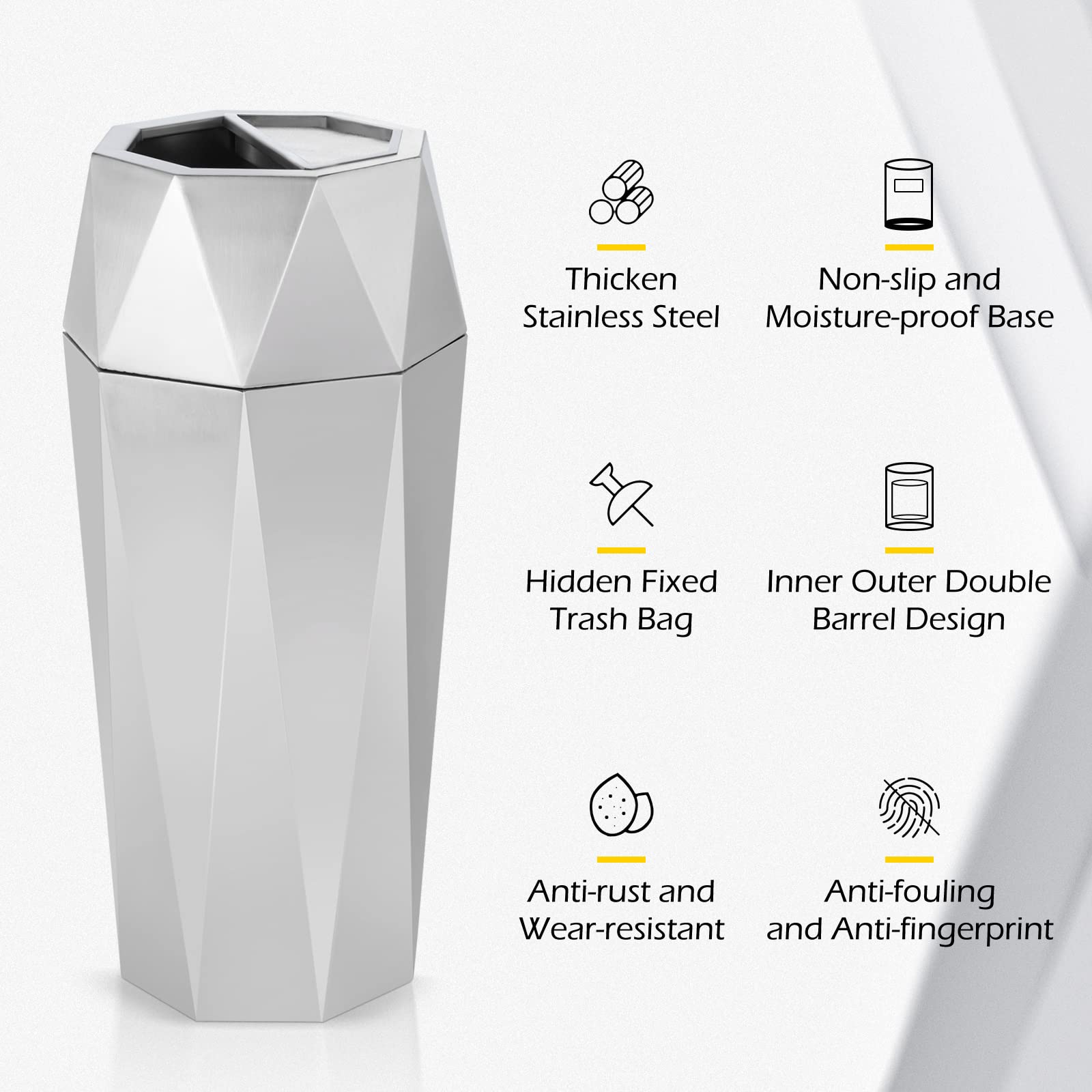 Dyna-Living Stainless Steel Commercial Trash Can with Lid - Heavy Duty Outdoor/Indoor Garbage Bin for Restaurant, Office, Kitchen, Park - Large Capacity Open Top Industrial Waste Container (Silver)