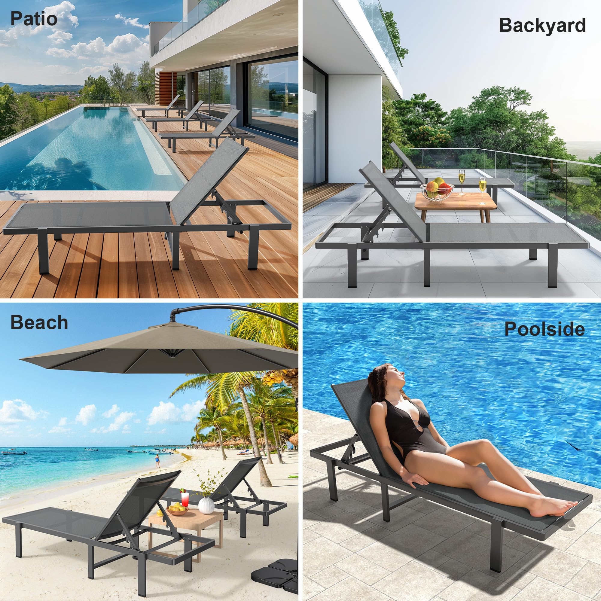 **Adjustable Outdoor Lounge Chair - Weather-Resistant Aluminum Tanning Chaise for Patio, Pool & Beach - Perfect for Sunbathing & Relaxing in Grey**