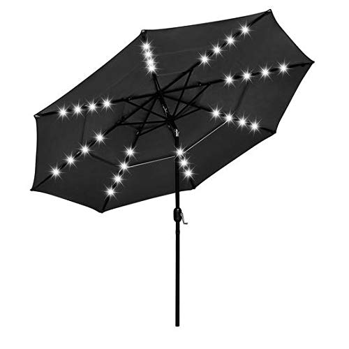 10FT Vented Outdoor Patio Umbrella with 32 LED Solar Lights - 3-Tier Tilt System - Black Market Umbrella for Poolside, Backyard, Garden & Restaurant Use