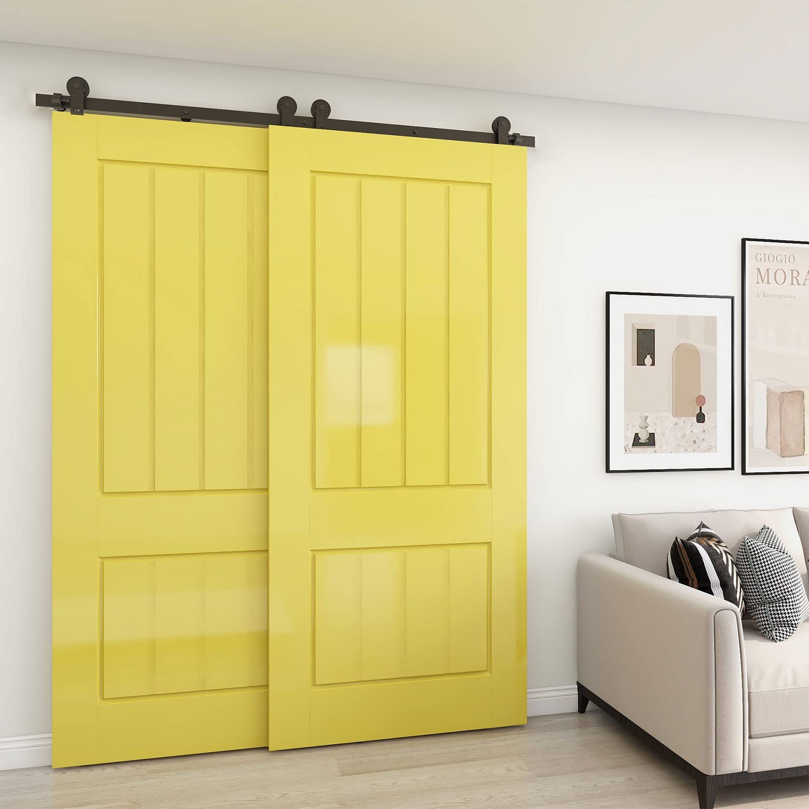 16FT Heavy Duty Bypass Sliding Barn Door Hardware Kit - Single Track System for Double Doors (1 3/16