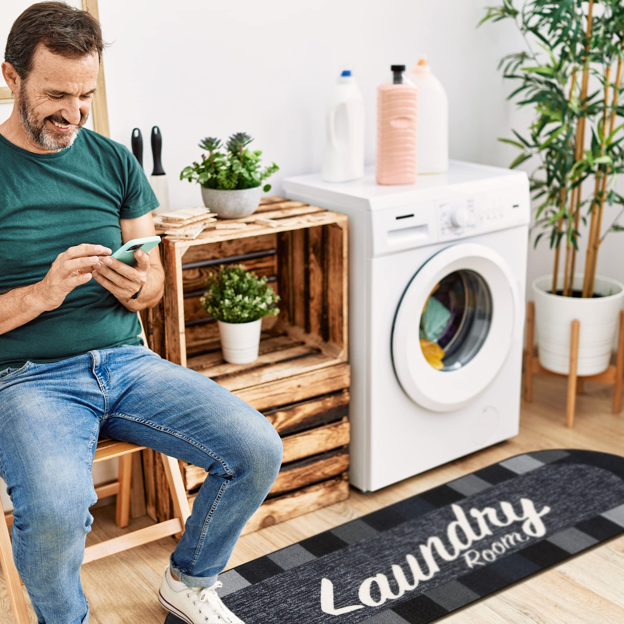 Non-Slip Rubber Backed 2x5 Laundry Runner Rug - Machine Washable Checkered Border Bath Mat for Laundry Room, Bathroom & Washroom (20