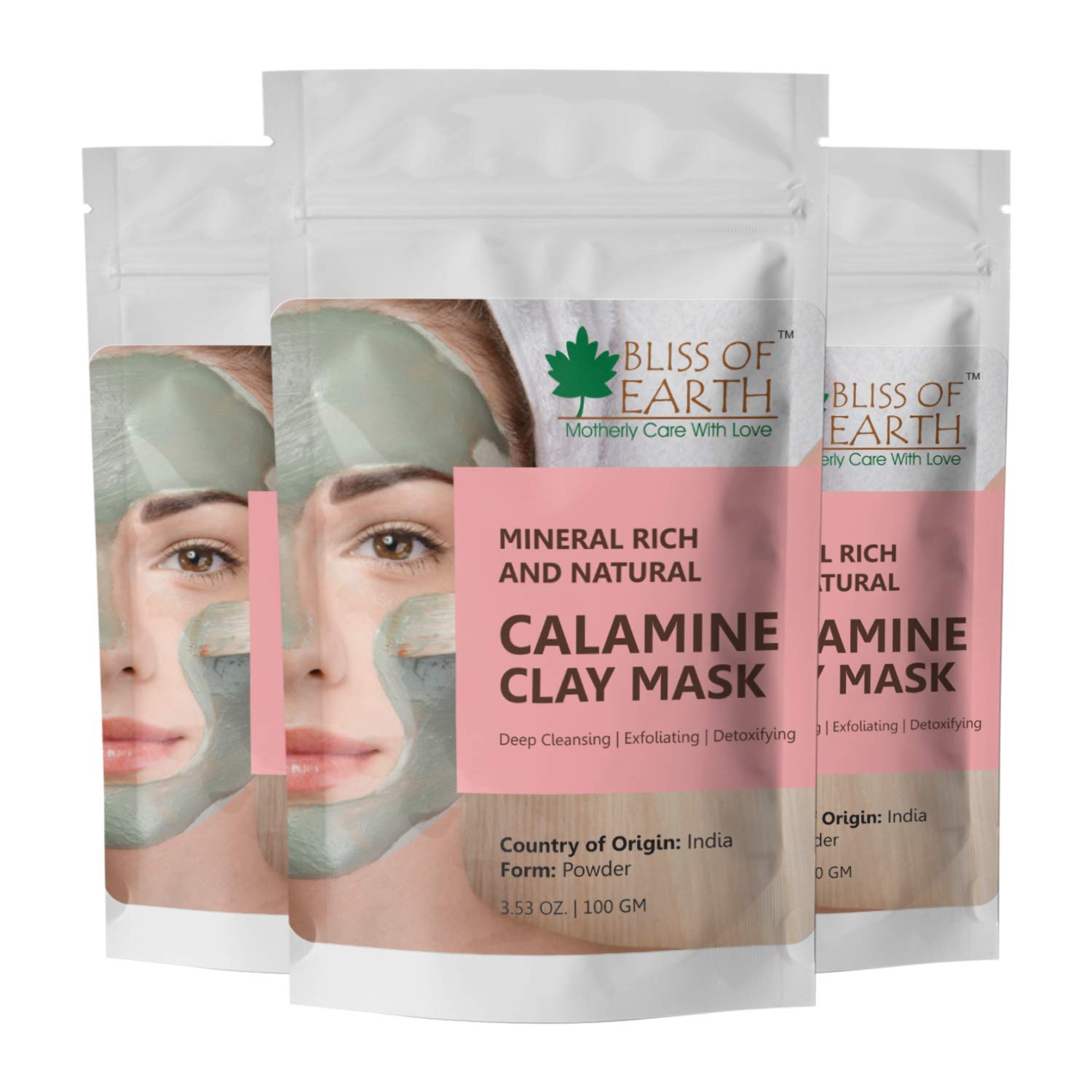 **Bliss of Earth 100% Pure Pink Calamine Clay Powder - 3 Pack (100g Each) for Acne, Eczema & Skin Detox - Perfect for DIY Face Masks & Natural Skincare**