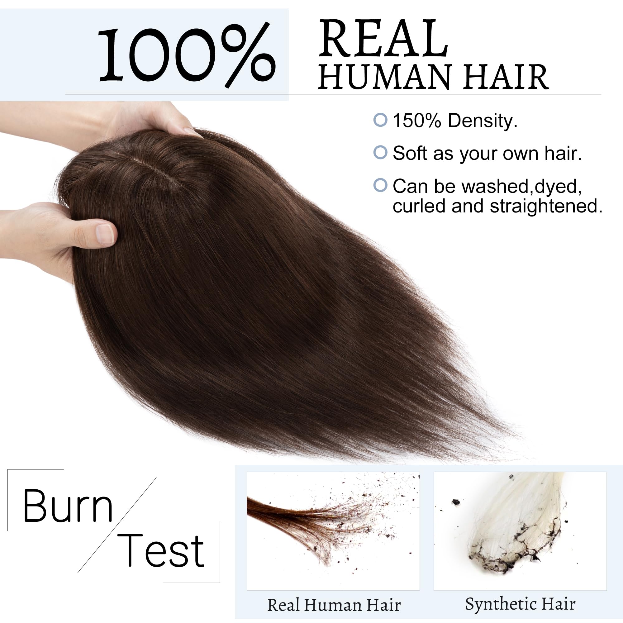 Human Hair Toppers for Women with Bangs - 7x13cm Silk Base Clip-In Hairpiece for Thinning Hair | 18 Inch Dark Brown Wiglet | Perfect for Daily Wear, Parties & Special Occasions